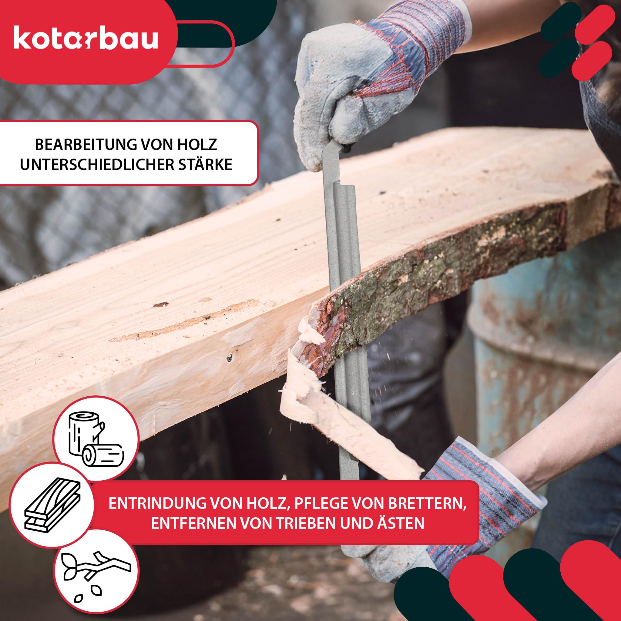 KOTARBAU® Cuchillo de Tracción - Cuchillo de Tracción Recto - Acero - 530 mm - Negro - Desbastadora Manual - Herramienta para Madera - con Mango de Madera Ergonómico