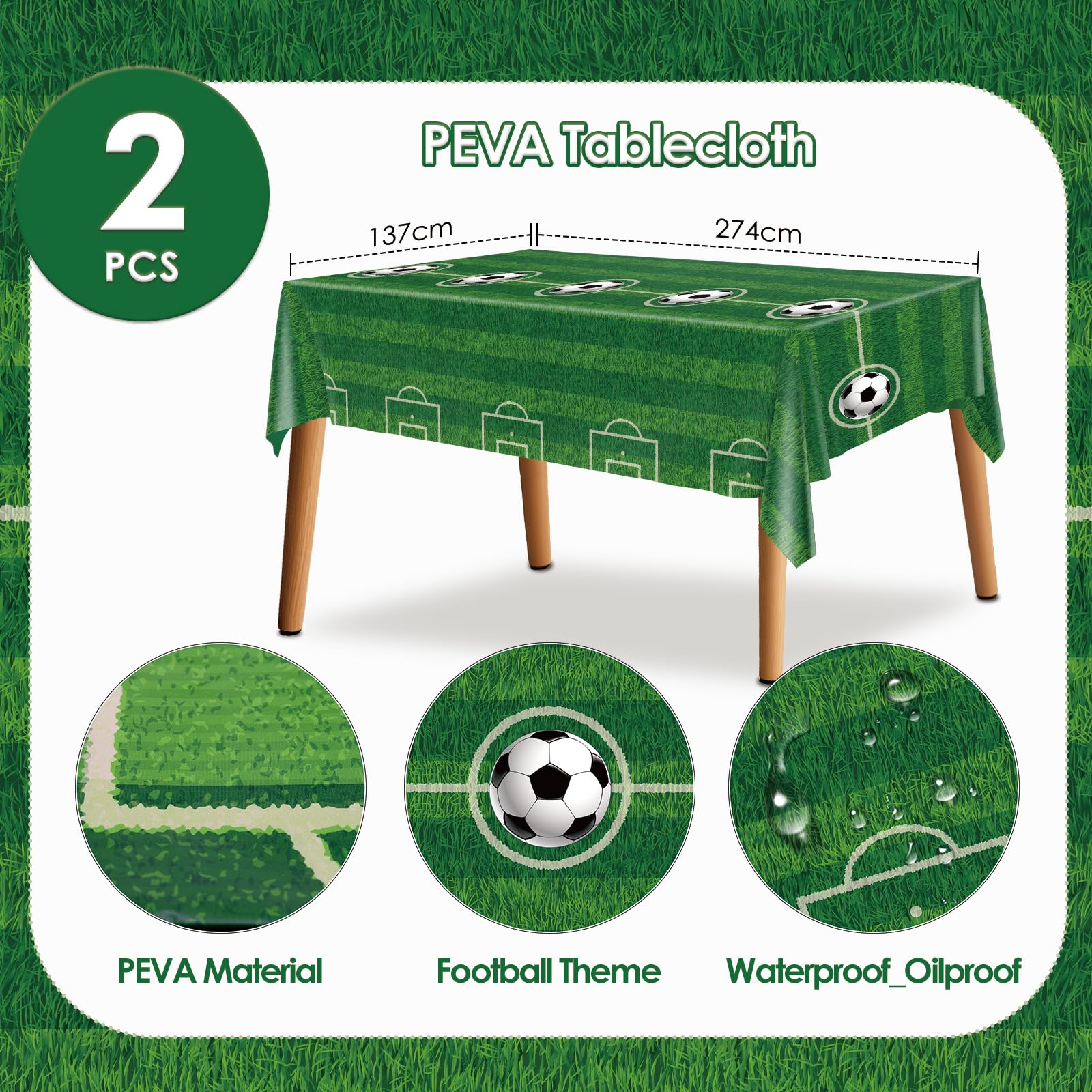 BFB Football Party Table Covers 54 x 108in Disposable Tablecloths Pack of 2, 137 x 274cm, Green, 274 cm x 137 cm - Image 2