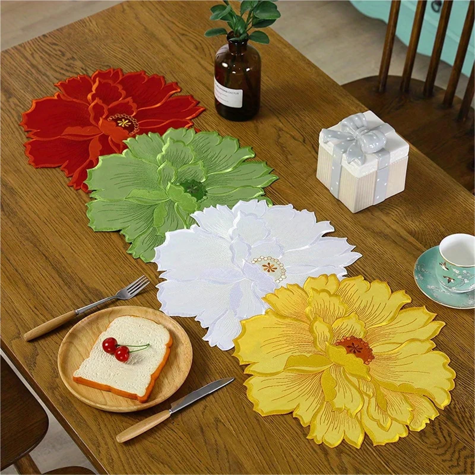 Posavasos Bordados 2 manteles con Estampado de Flores for Fiestas, picnics, decoración navideña, Caminos de Mesa Bordados.(White-30x30cm)