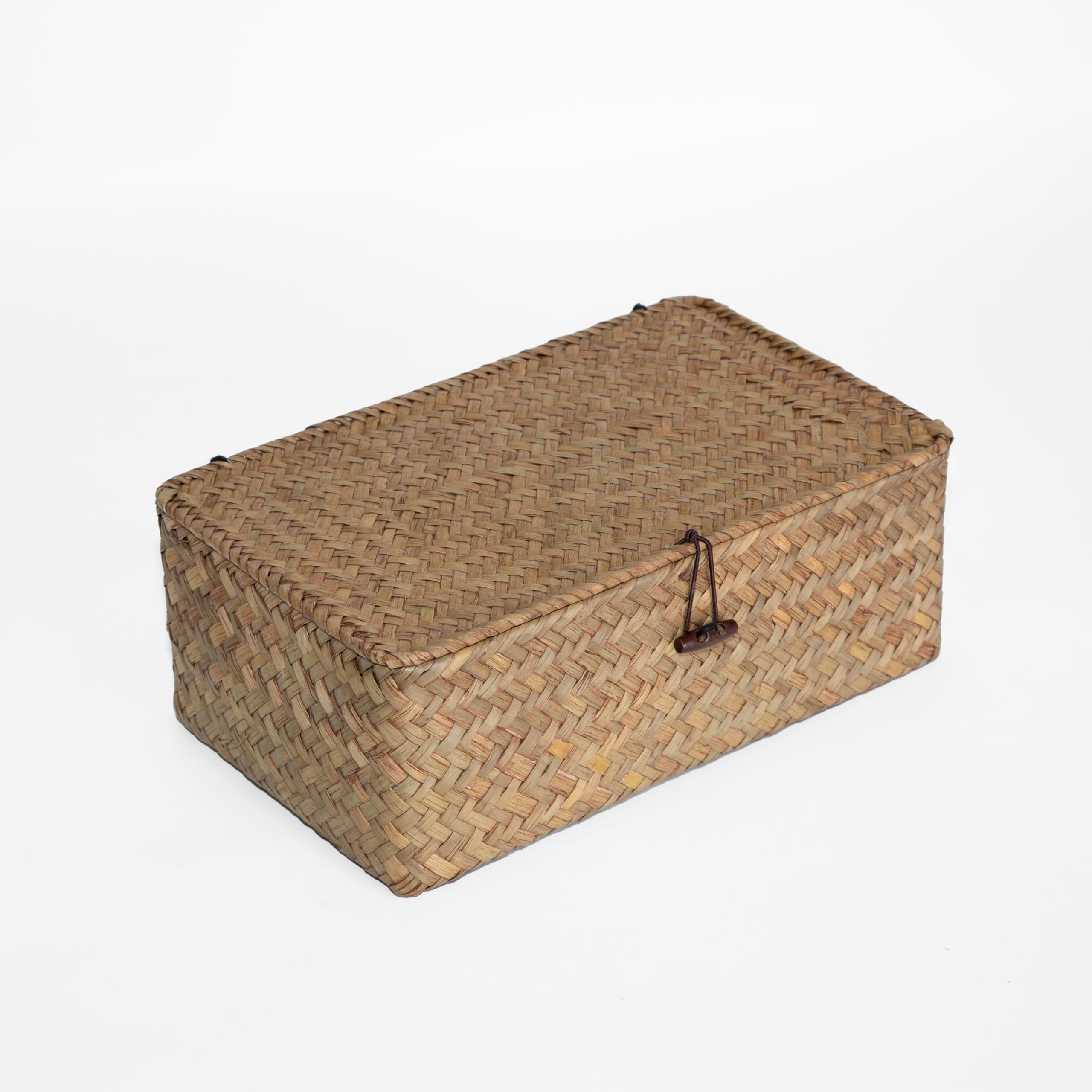 Wickerfield Brown Seagrass Storage Basket Box With Lid, Wicker Decorative Storage Boxes With Lids, Handwoven Wicker Storage Basket With Lid, Woven Rattan Hamper Box Home Organizer For Shelves (Small)