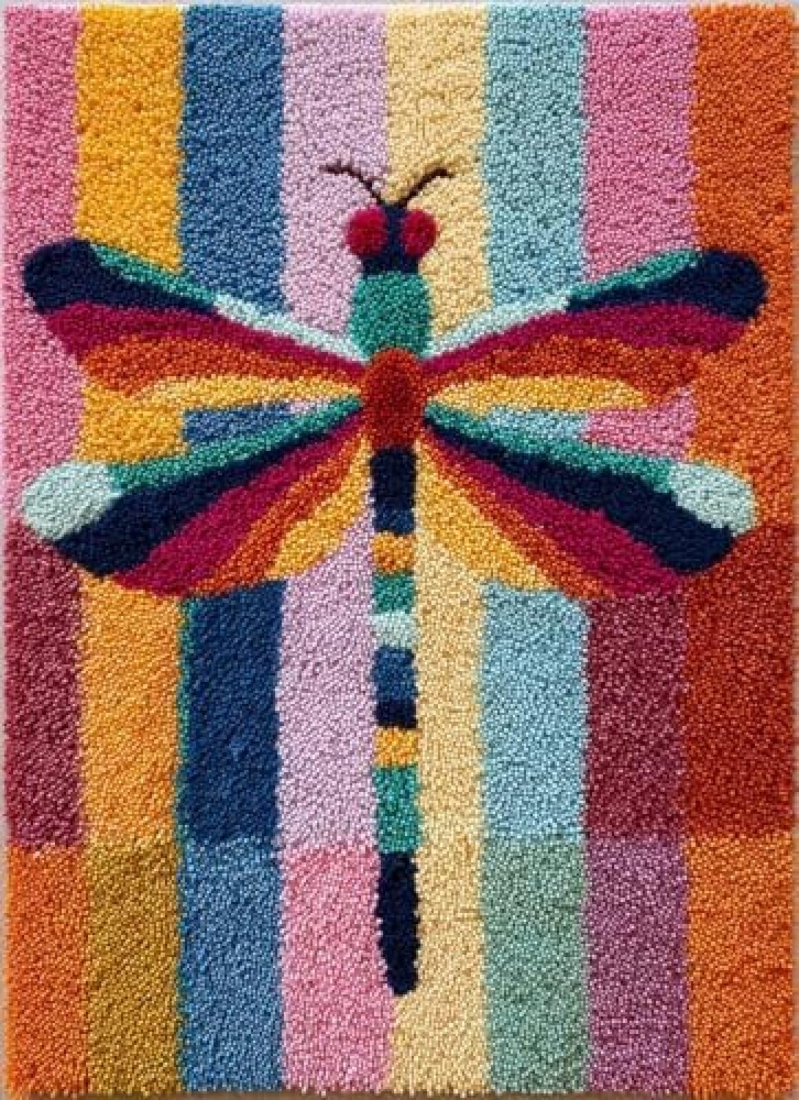 XDEGHUANGSS Latch Hook Rug Kit Dragonfly with Pre-Printed Mat Cover DIY Cushion Crochet Yarn Hooking Craft Set for Floor Decor 38x52cm-4