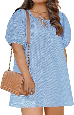 Beautife Womens Plus Size Dress Short Puff Sleeve Gingham Mini Dresses