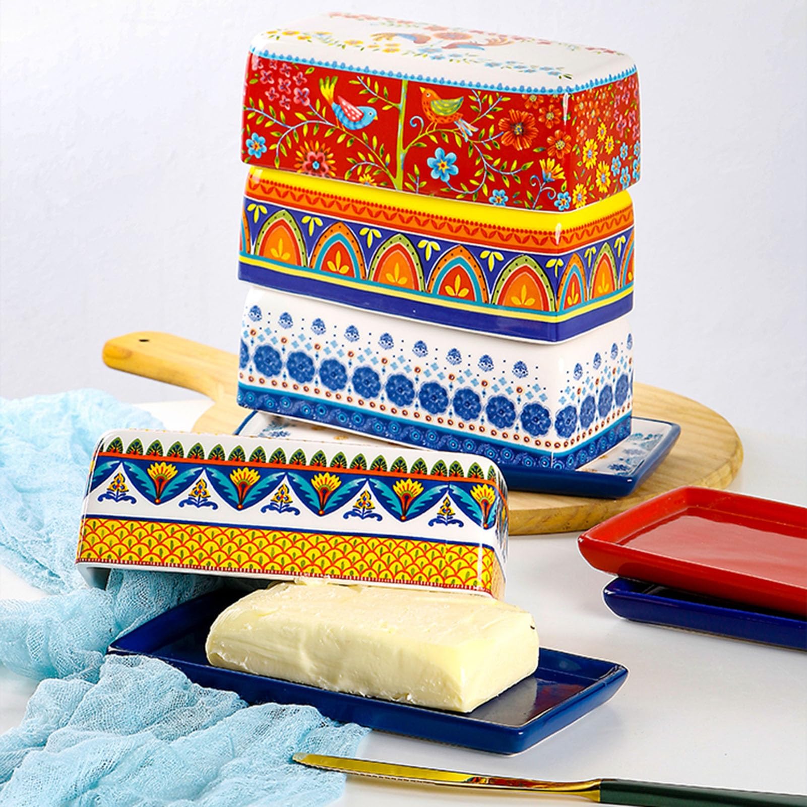 Beurrier Beurrier en porcelaine, plateau en céramique avec couvercle, pour cuisine(Multi-colored2)