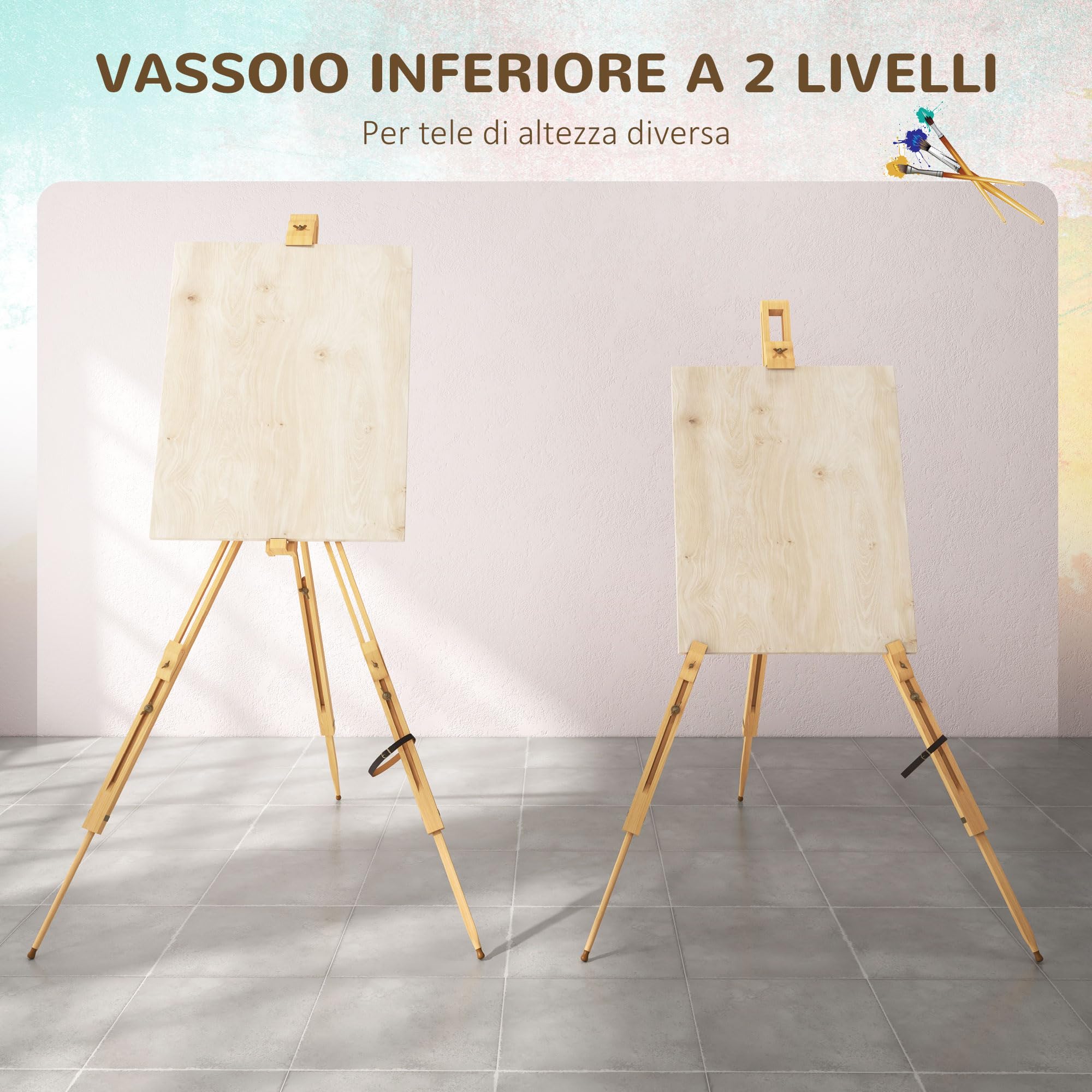 Vinsetto Cavalletto per Pittura Pieghevole in Legno di Faggio, Cavalletto Dipingere con Angolazione e Altezza Regolabile, 93x84x183 cm, Color Legno