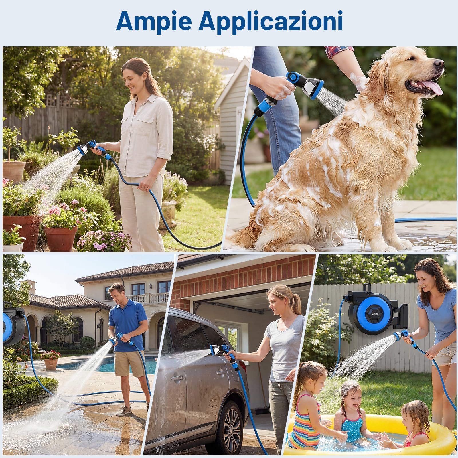 Himimi Avvolgitubo da Giardino 30m + 2m, Avvolgitubo Acqua da Parete con Tubo 30m, Riavvolgimento Automatico, Orientabile 180°, Pistola Spruzzo 10-in-1 per Irrigazione Giardino
