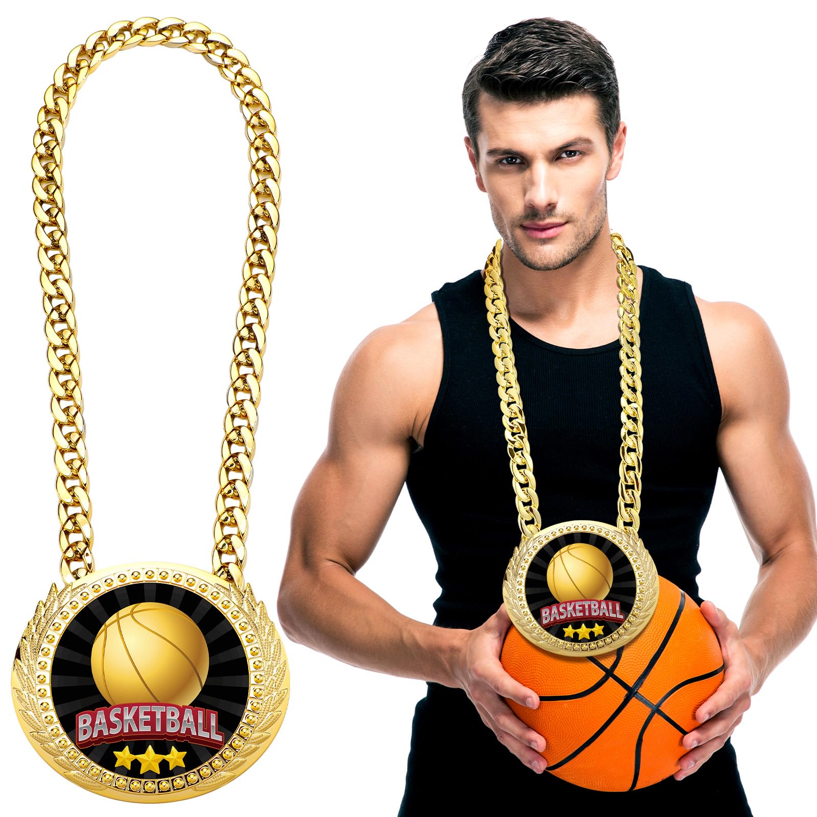 Photo 1 of Tondiamo Sports MVP Turnover Chain Medal 6" Big Gold Champ Award Necklace Chain Baseball Basketball Football Soccer Softball Volleyball Sports Competitions Prize Gifts and Party Favors(Basketball)