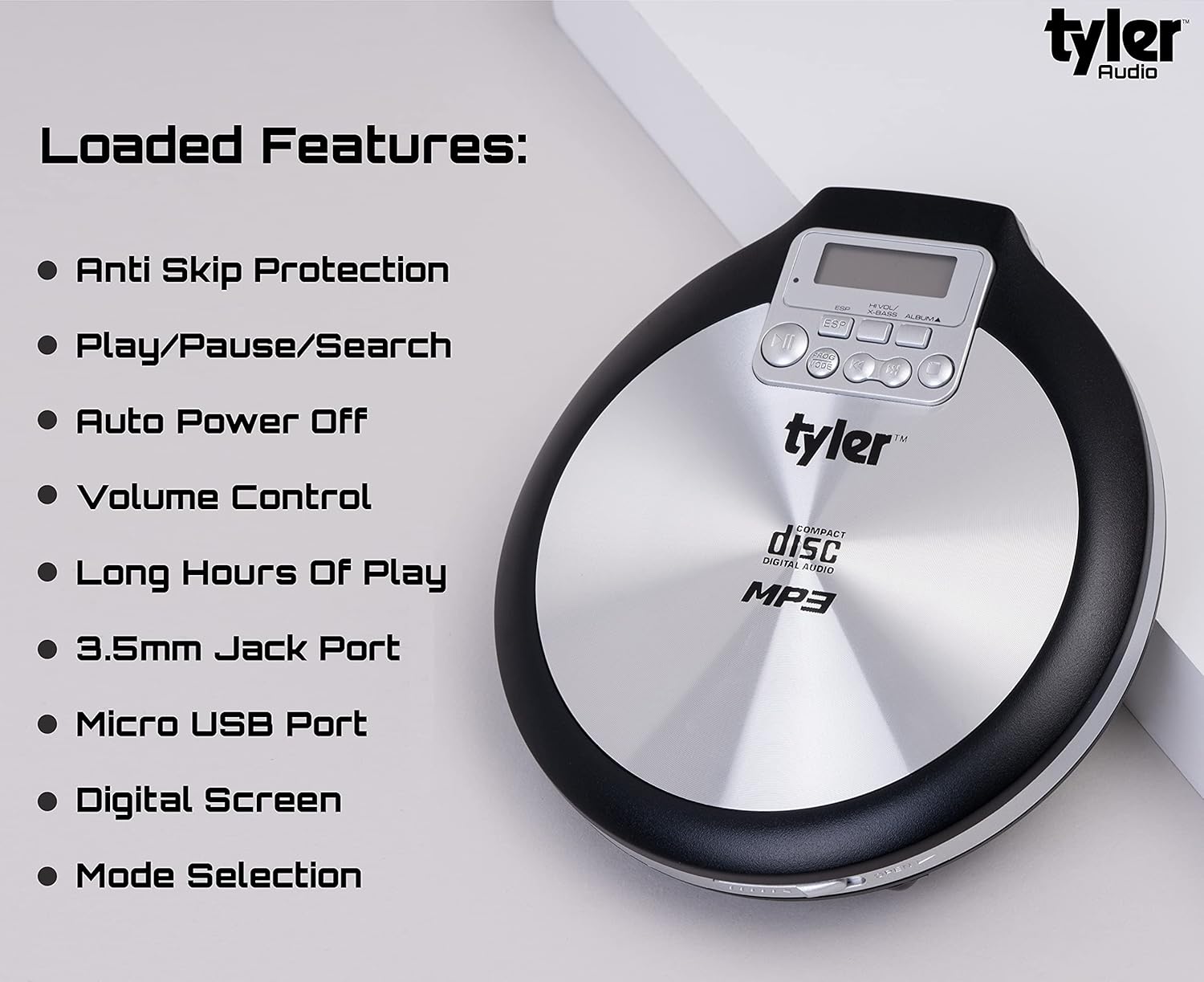 Tyler TDM-01 Portable CD Player highlighting loaded features