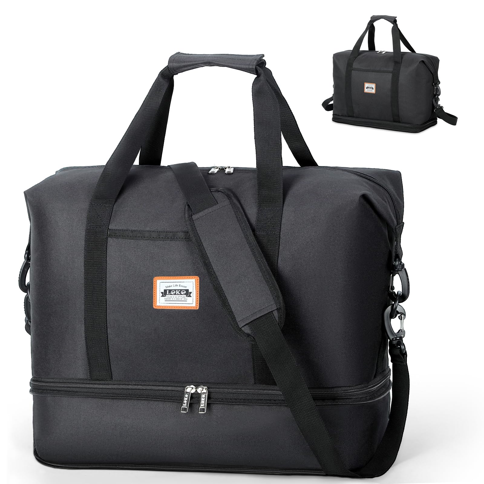Lekespring Reisetasche Damen Schwarz 20-29L Ryanair Handgepäck Weekender | 40x20x24 cm (Ryanair-konform) | 20-29L erweiterbares Volumen | als Sporttasche oder Wochenendtasche | leicht & kompakt