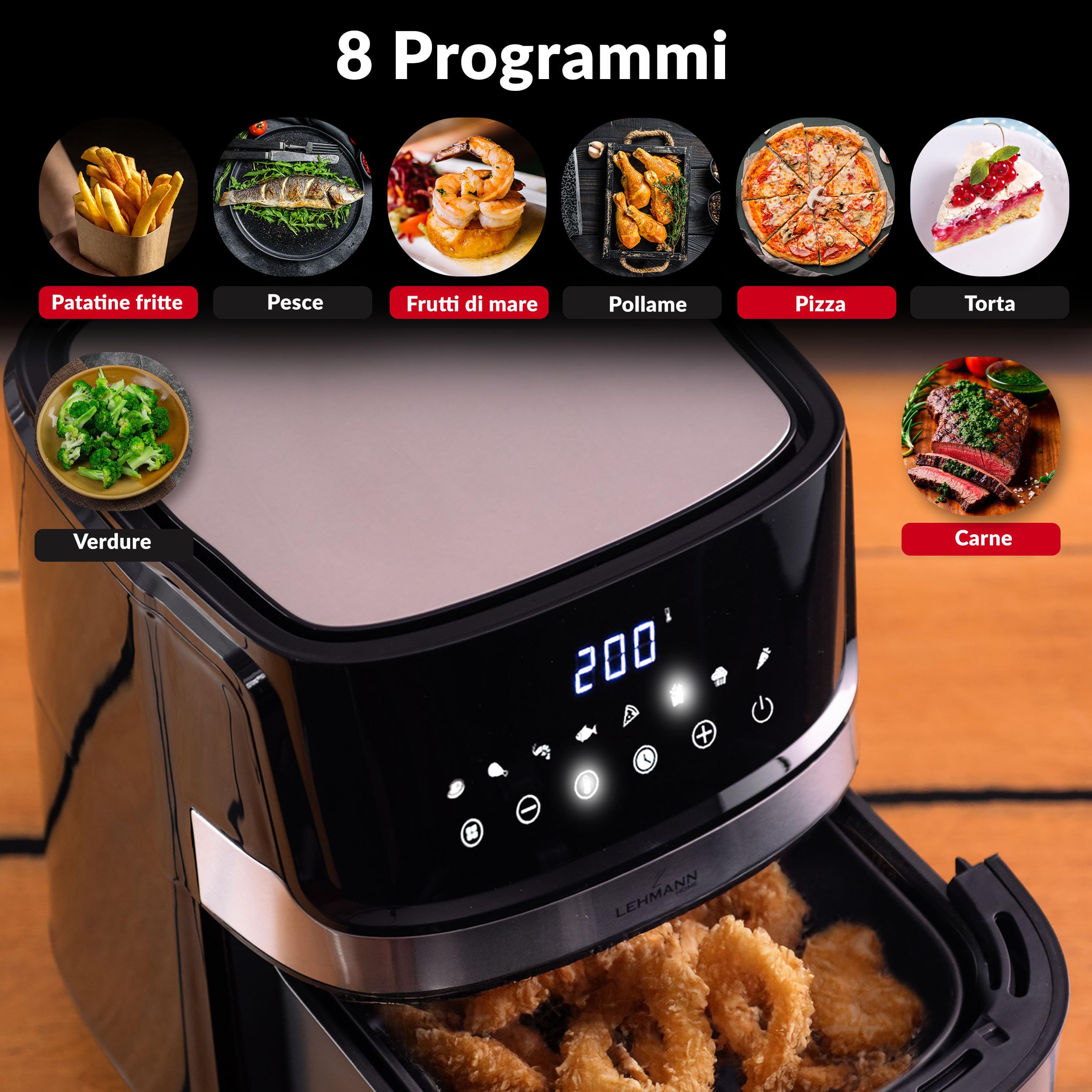 LEHMANN Friggitrice ad aria 6,5L, Air Fryer mit 8 Programmi, Cassetto Antiaderente di Grande Capacità, Display Touch, Timer, Temperatura Regolabile 80–200 °C, Cassetto Lavabile in Lavastoviglie