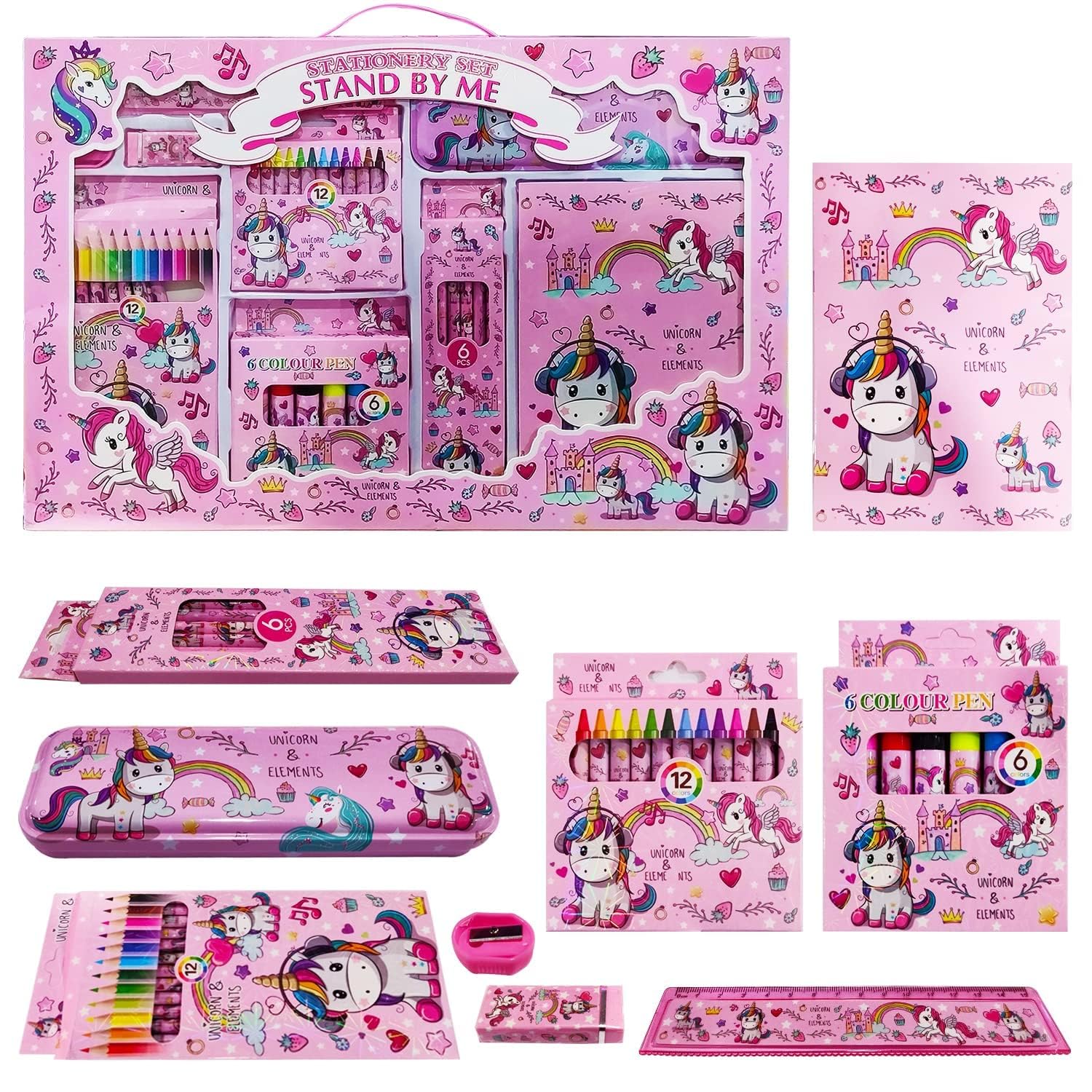 KASTWAVE Unicorn Stationary Kit For Girls - 41Pcs Stationary Items For Girls Pencil Box,Colours,Eraser and Sharpener -Return Gift For Girls/Unicorn School Kit For Girls, Stationary Set Return Gifts
