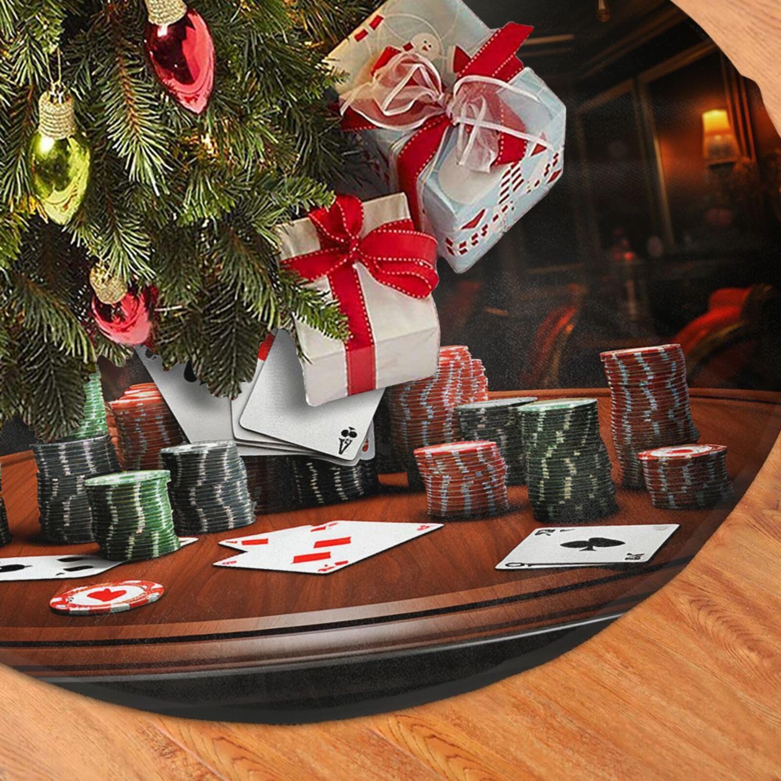 Fodpand Black Poker Tournament Christmas Tree Skirt 48" Velvet Xmas Tree Skirt Mat Rustic Christmas Tree Mat Cover Winter Xmas Tree Collar For Indoor Outdoor Christmas Decorations