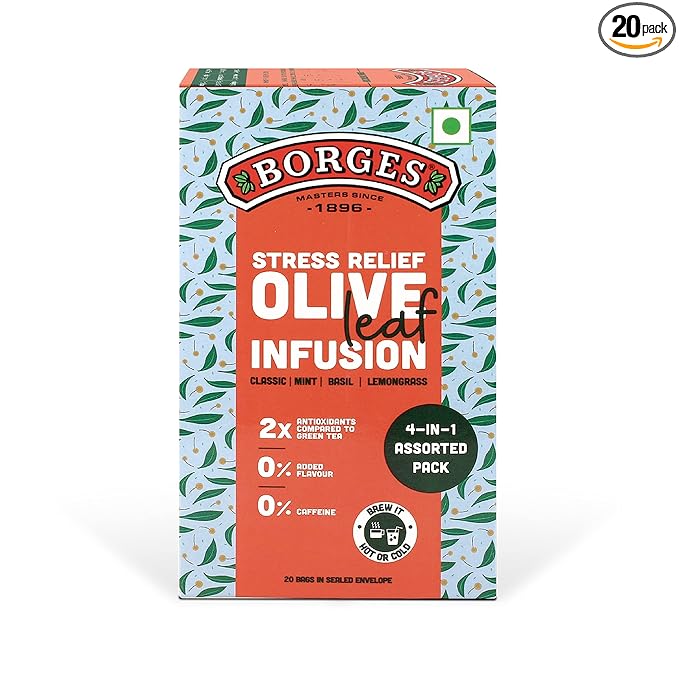 Borges Stress Relief Olive Leaf Infusion Tea- Assorted Pack | 2x Antioxidants than Green Tea, No Caffeine, No Added Flavour – 20 Herbal bags at Rs. 141