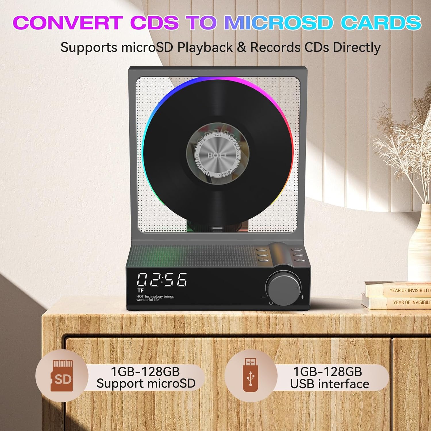 HOTT C229 CD Player showing the function to convert CDs to MicroSD cards