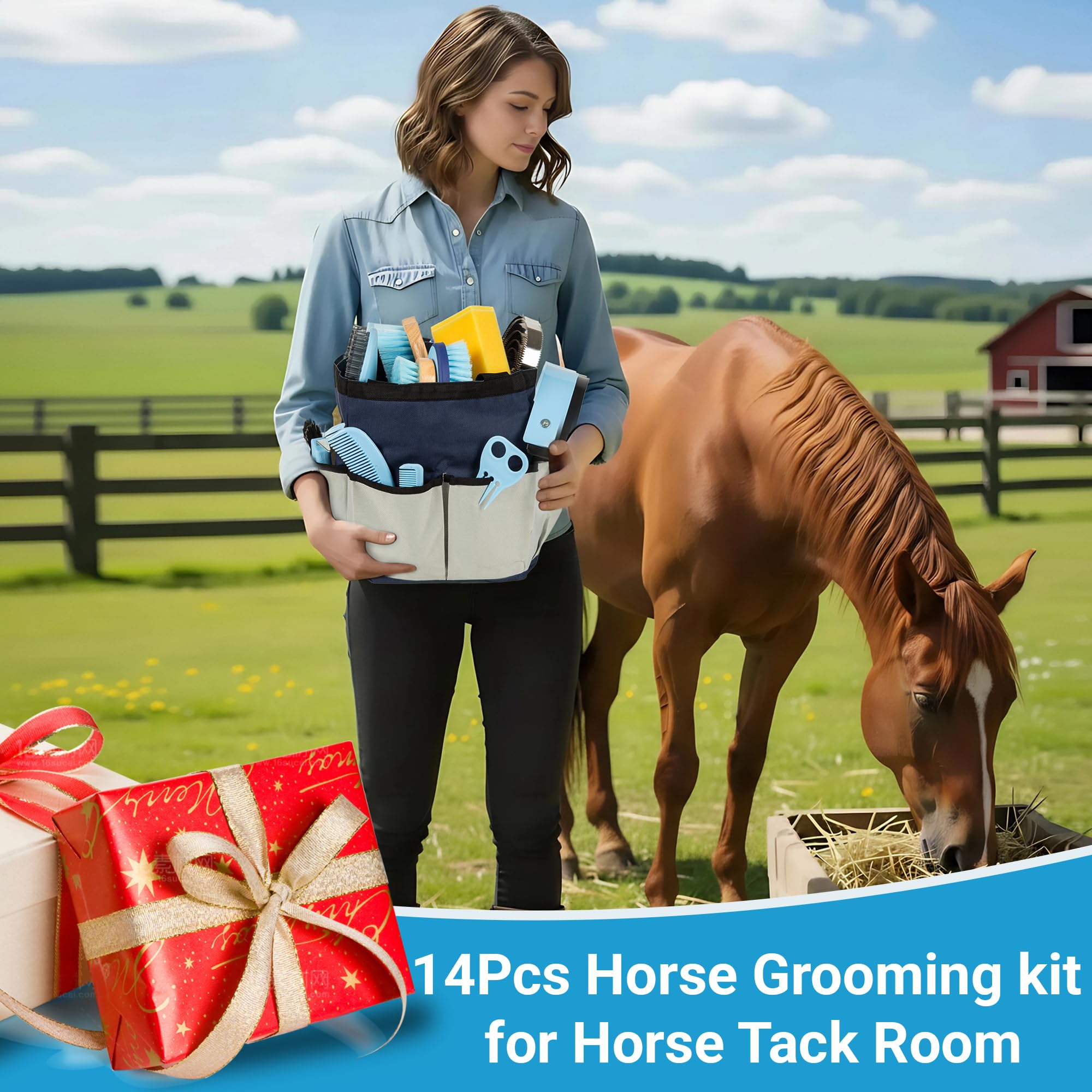 Horse Grooming Kit, 14-in-1 Professional Horse Brush Supplies Set for Grooming & Care, with Horse Brushes, Curry Comb, Hoof Pick & Waterproof Storage Tote Bag for Shining, Detangling, Massaging(Blue) - image 7