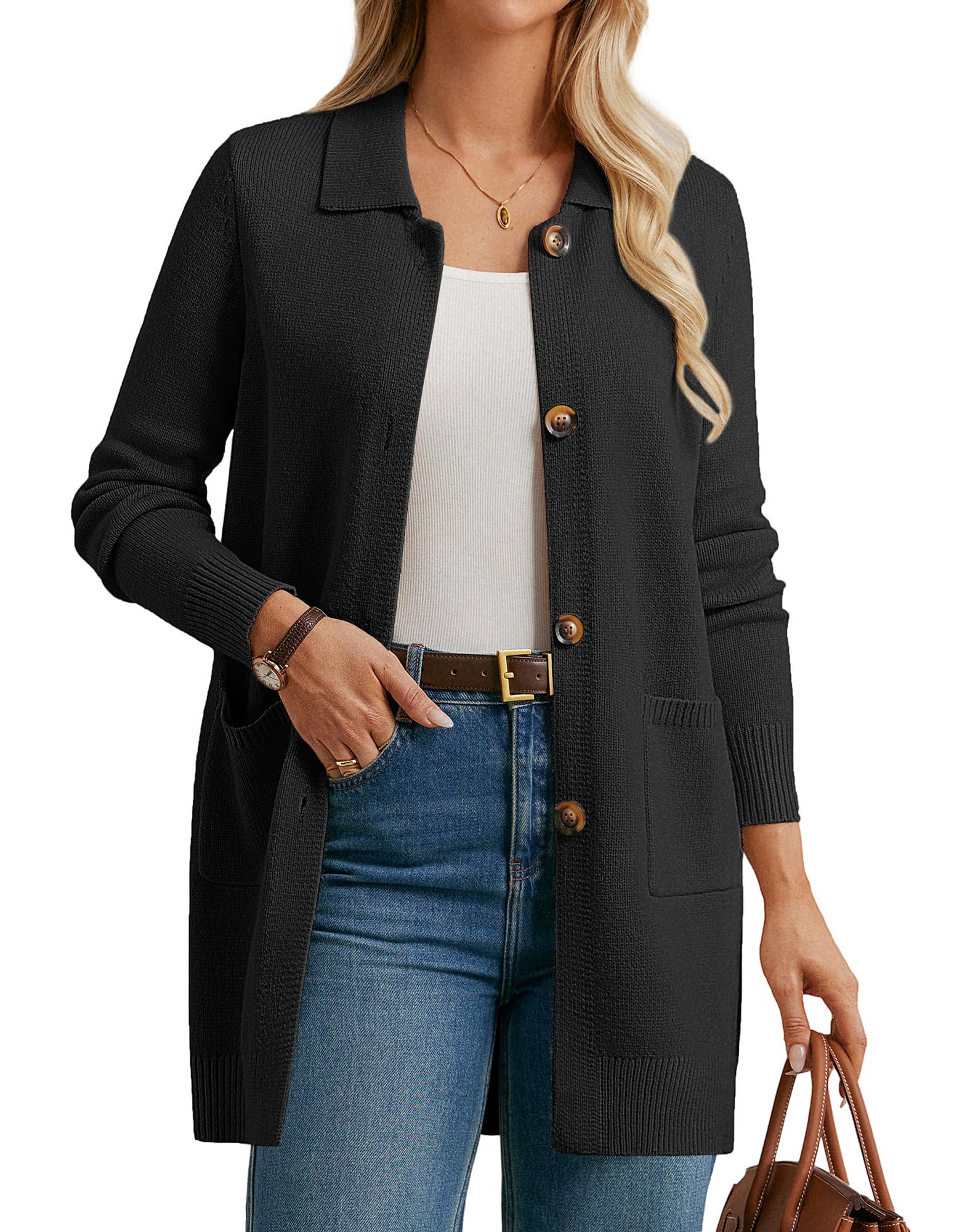GRACE KARIN Damen Strickjacke Lang Herbst Warme Open Front Langarm Cardigan mit Taschen