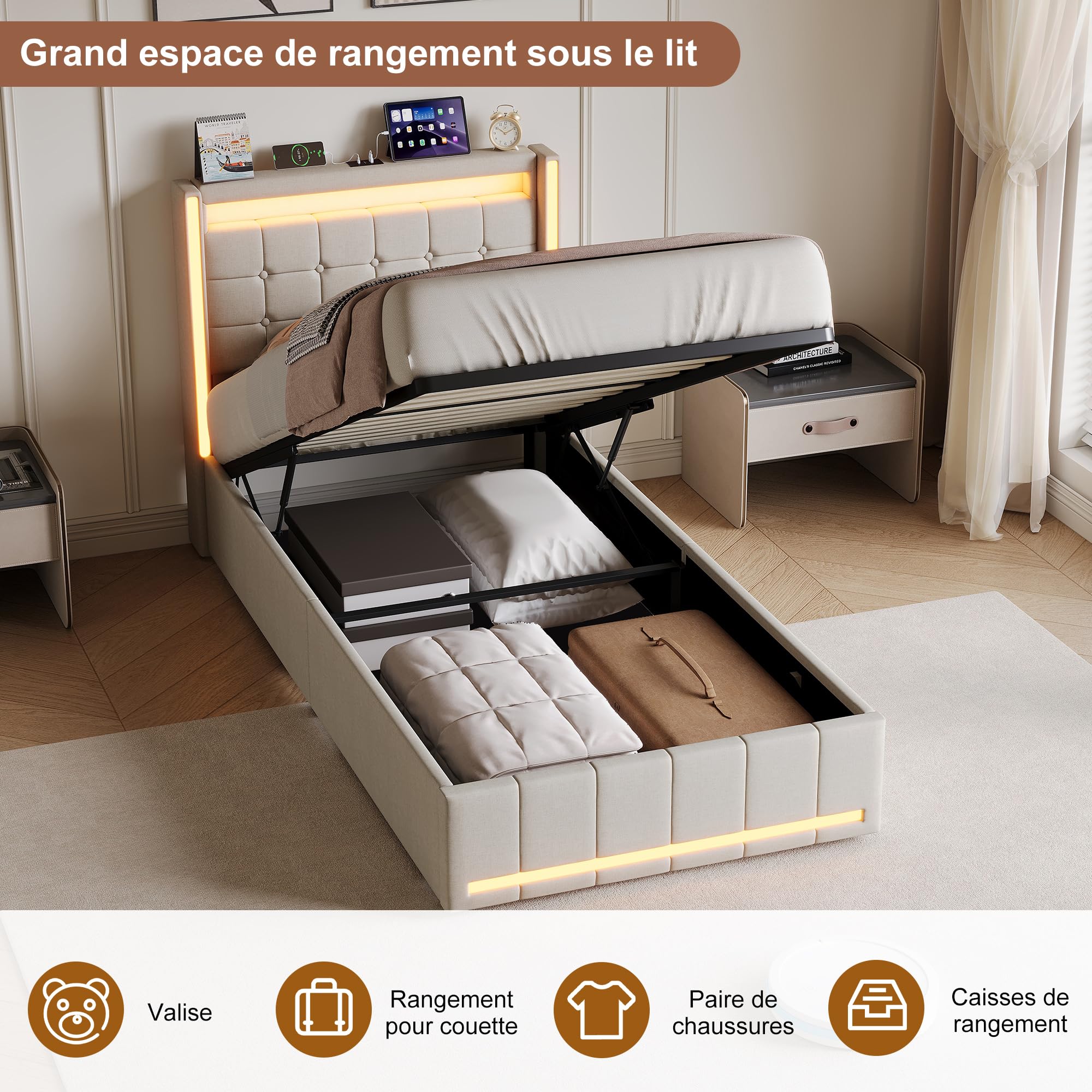 Cama baúl de 90 x 200 cm con LED y USB/Tipo C, cama doble acolchada 90x200 con almacenamiento hidráulico, marco de cama capitoné para 2 personas con somier de láminas, camas para adultos (Beige-D