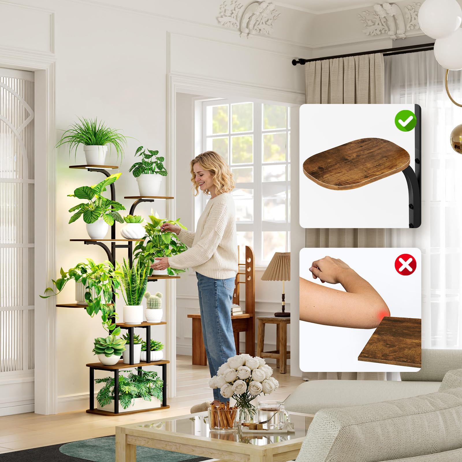 GoTiling Pflanzenregal Indoor mit LED Grow Light, 160cm Hoch 8 Etagen Blumenregal Metall & Holz, Mehrstöckiger Pflanzenständer für Wohnzimmer, Balkon, Fensterbank, Blumentöpfe & Kräuter