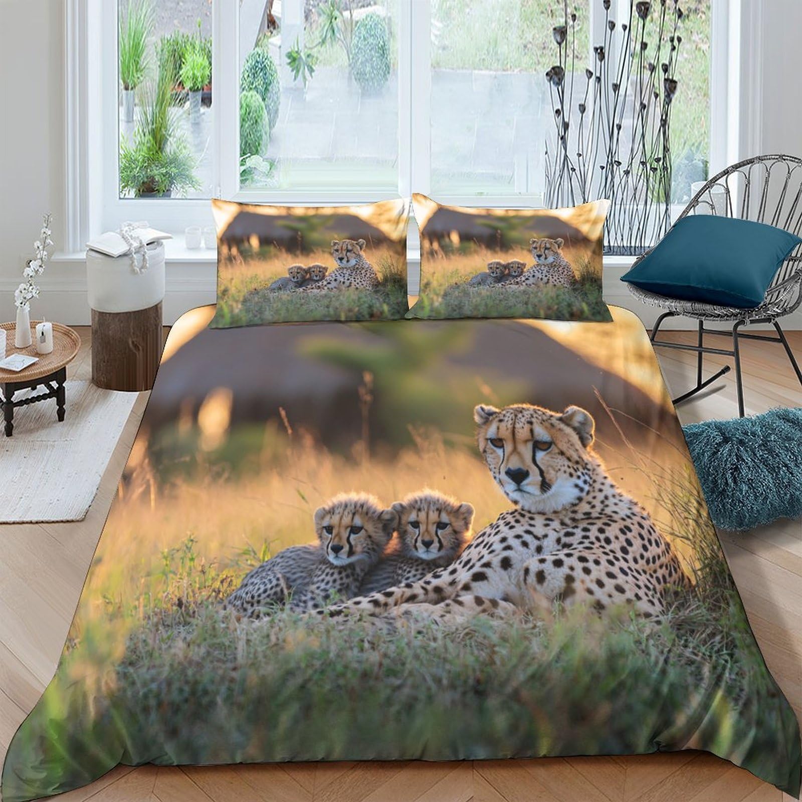 Ctjqhvkz Style-9 3D Printed Cheetah Family Fitted Sheet Microfiber Soft Bedroom Bed Cover For Nature Wildlife Decor Mattress Protection Single（135X200cm）