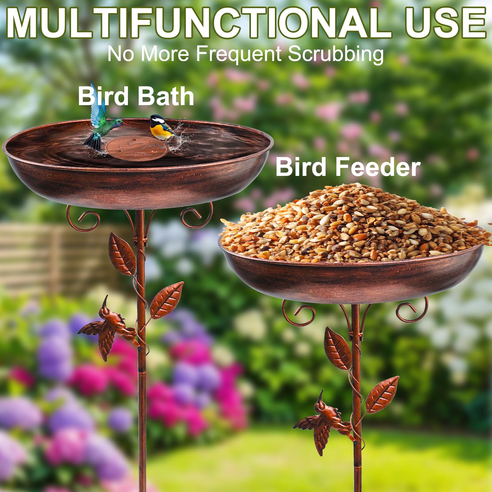 Kit de Bain d'Oiseaux Complet avec Plateau de Nettoyage en Cuivre Pur - Bain d'Oiseaux sur Pied Vintage en Métal, Résistant au Gel pour Toute Saison