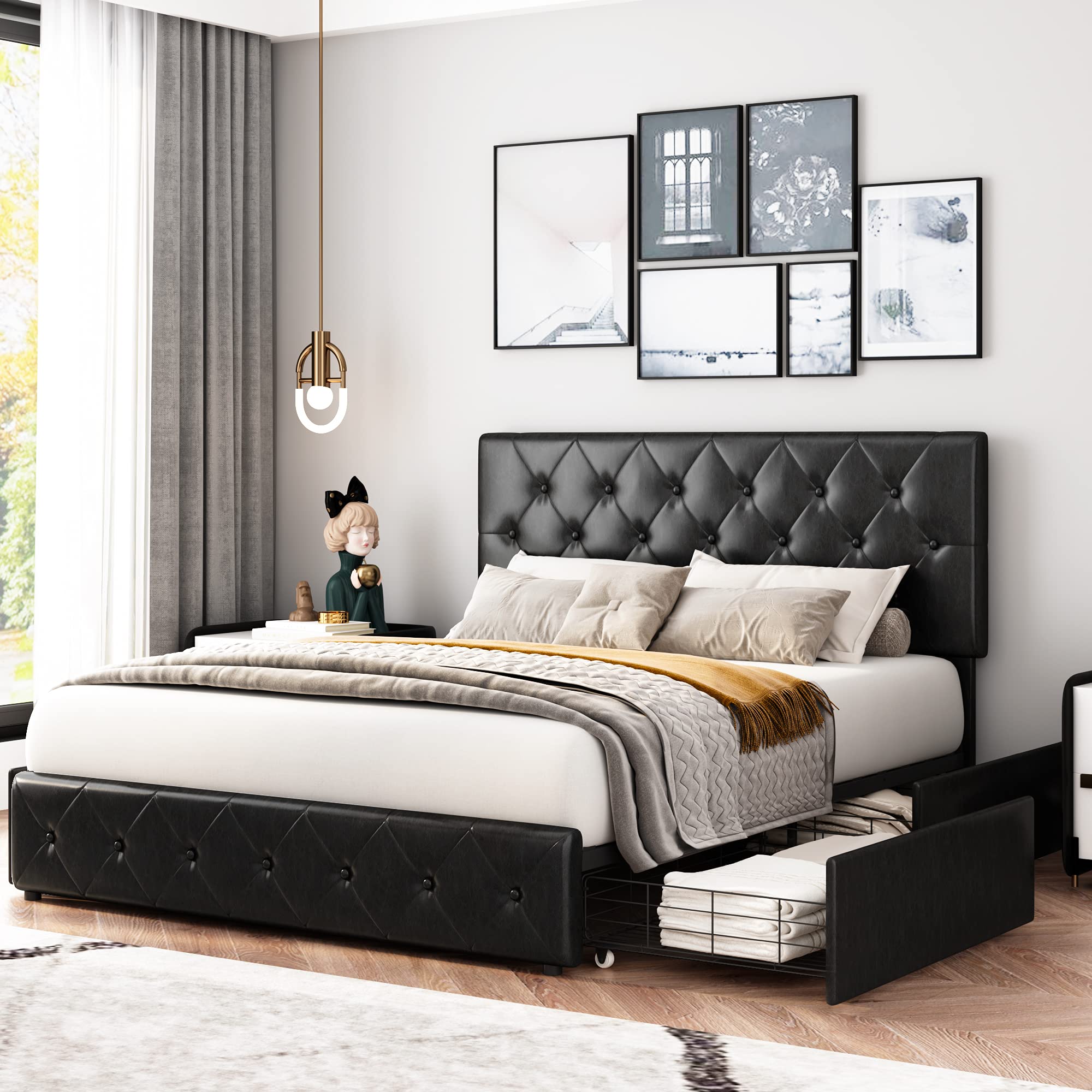 Yaheetech Upholstered Bed Frame With Storage Drawers And Adjustable