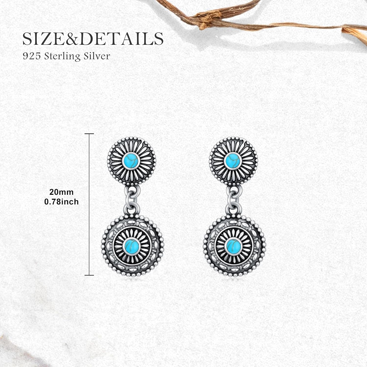 Genuine Turquoise Earrings 925 Sterling Silver Vintage Western Earring Boho Statement Country Jewelry for Women