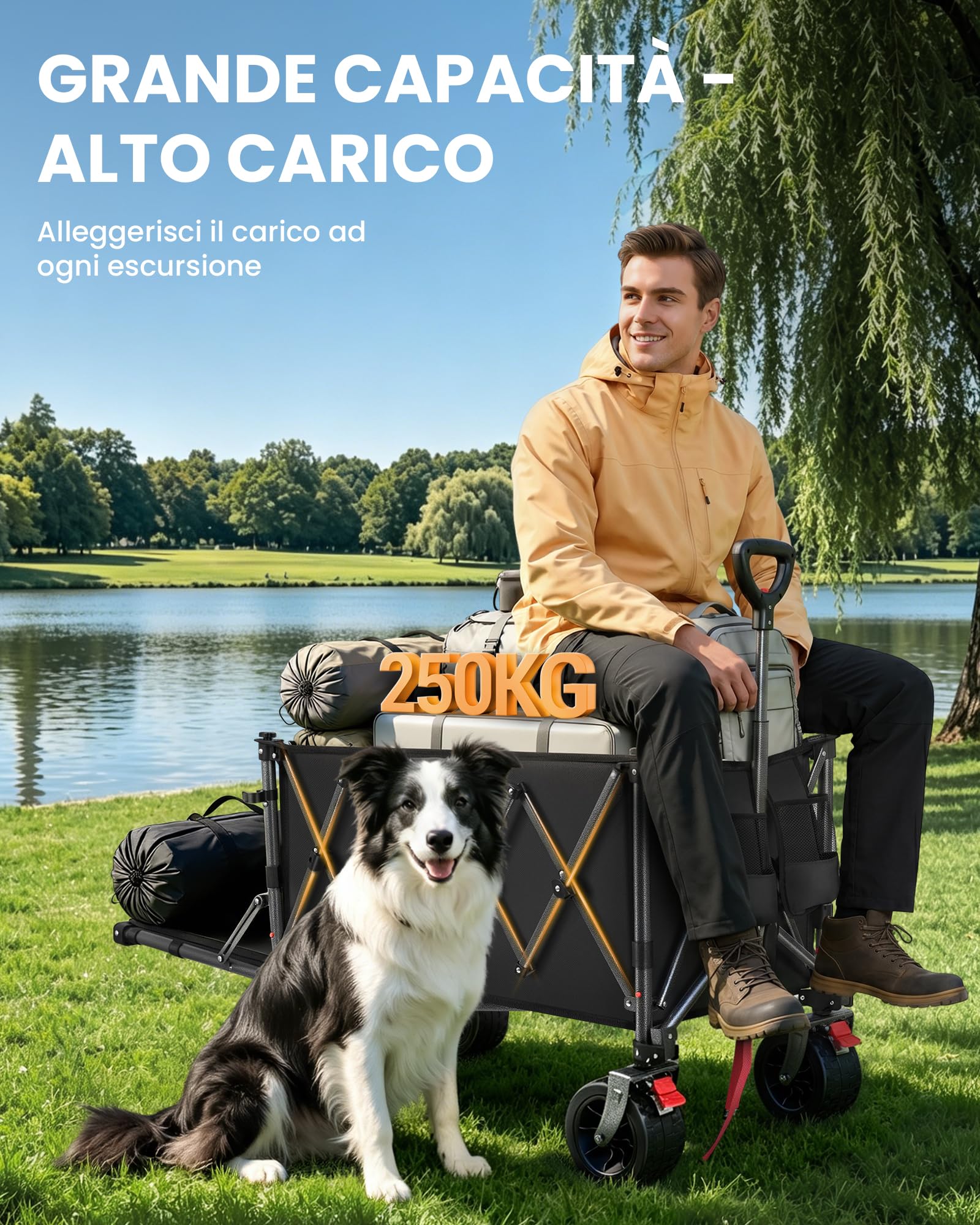 Carrello Spiaggia YEAUPE PRO XXXL con Grandi Ruote Girevoli 360°, 250kg 200-300L, Nero
