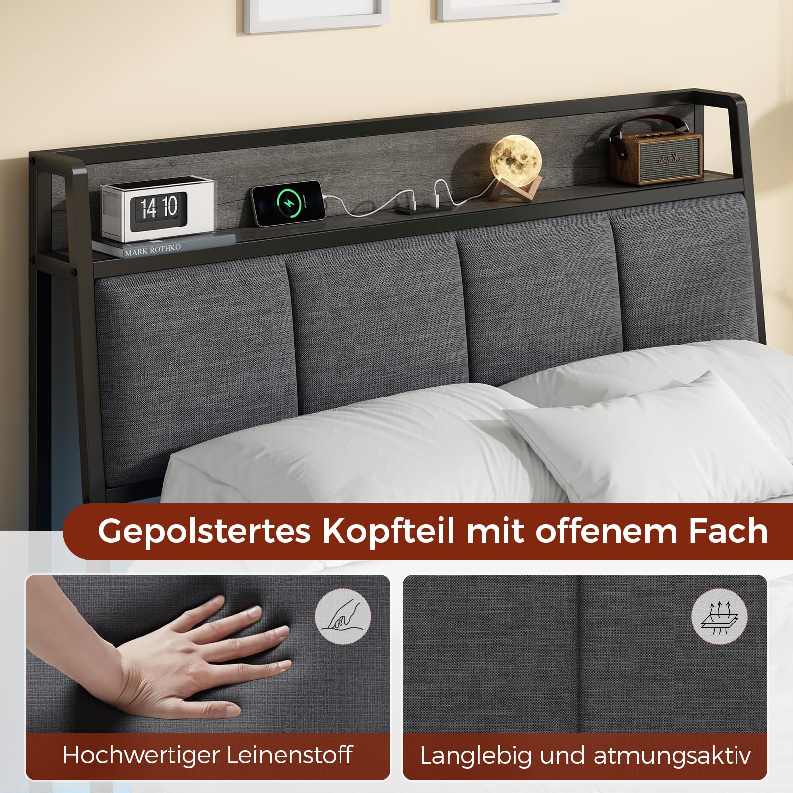 KIMENICH Bett 140 x 200, Bett mit LED-Beleuchtung, Polsterbett 140x200, Schwebender visueller Effekt, Ladestation, Bettgestell mit Lattenrost, für Schlafzimmer, Gästezimmer, Leinenstoff Grau