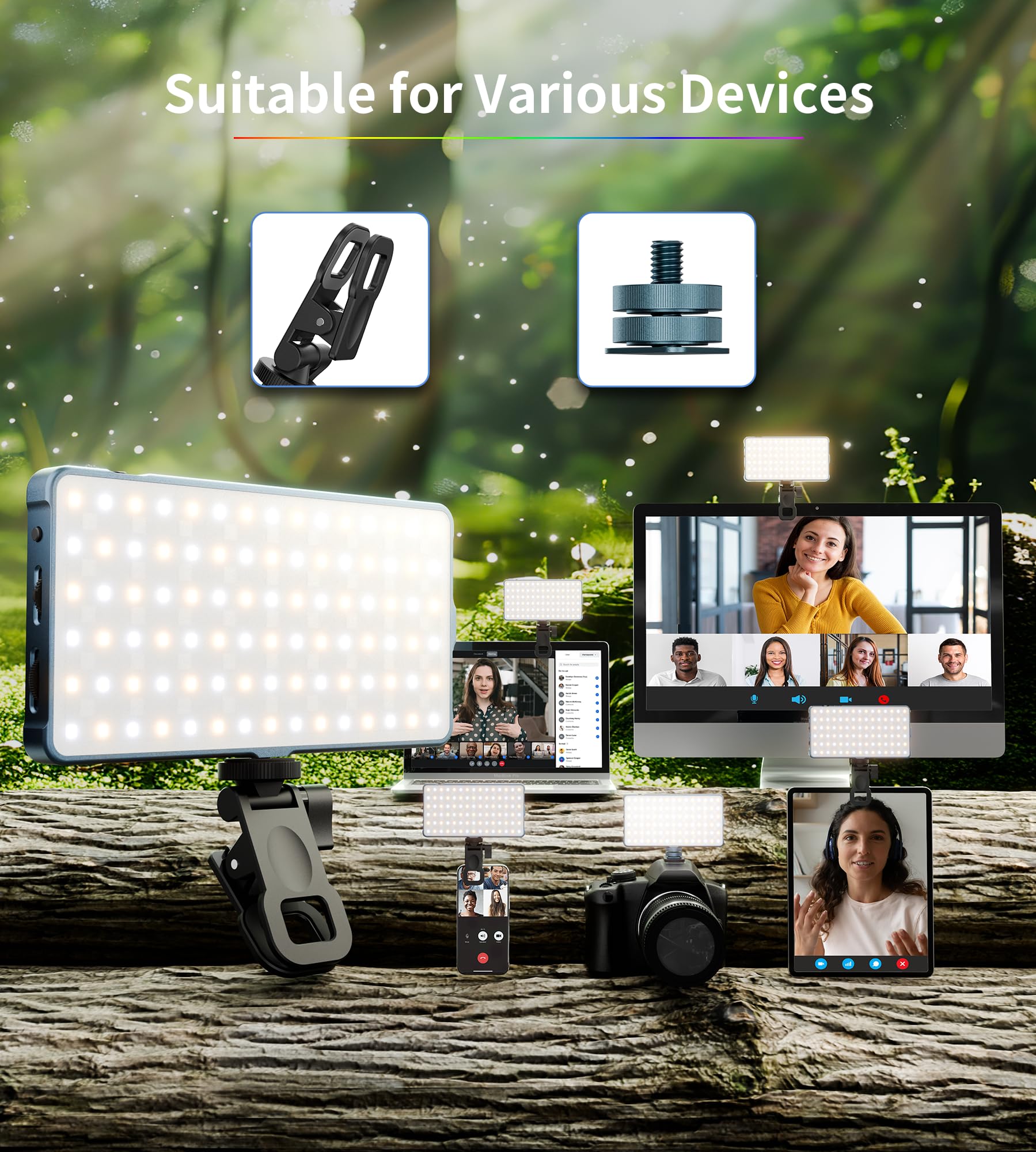 Luce per selfie, slitta e clip in metallo, ricaricabile a 360° (135 LED)