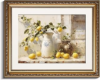 InSimSea Gold Framed Wall Art, Yellow Lemon Vintage Kitchen Wall Shelf Decor, Still Life Canvas Print Art, Dining Room Home Farmhouse Decor, Antique Paintings with Picture Frame 13x16inch