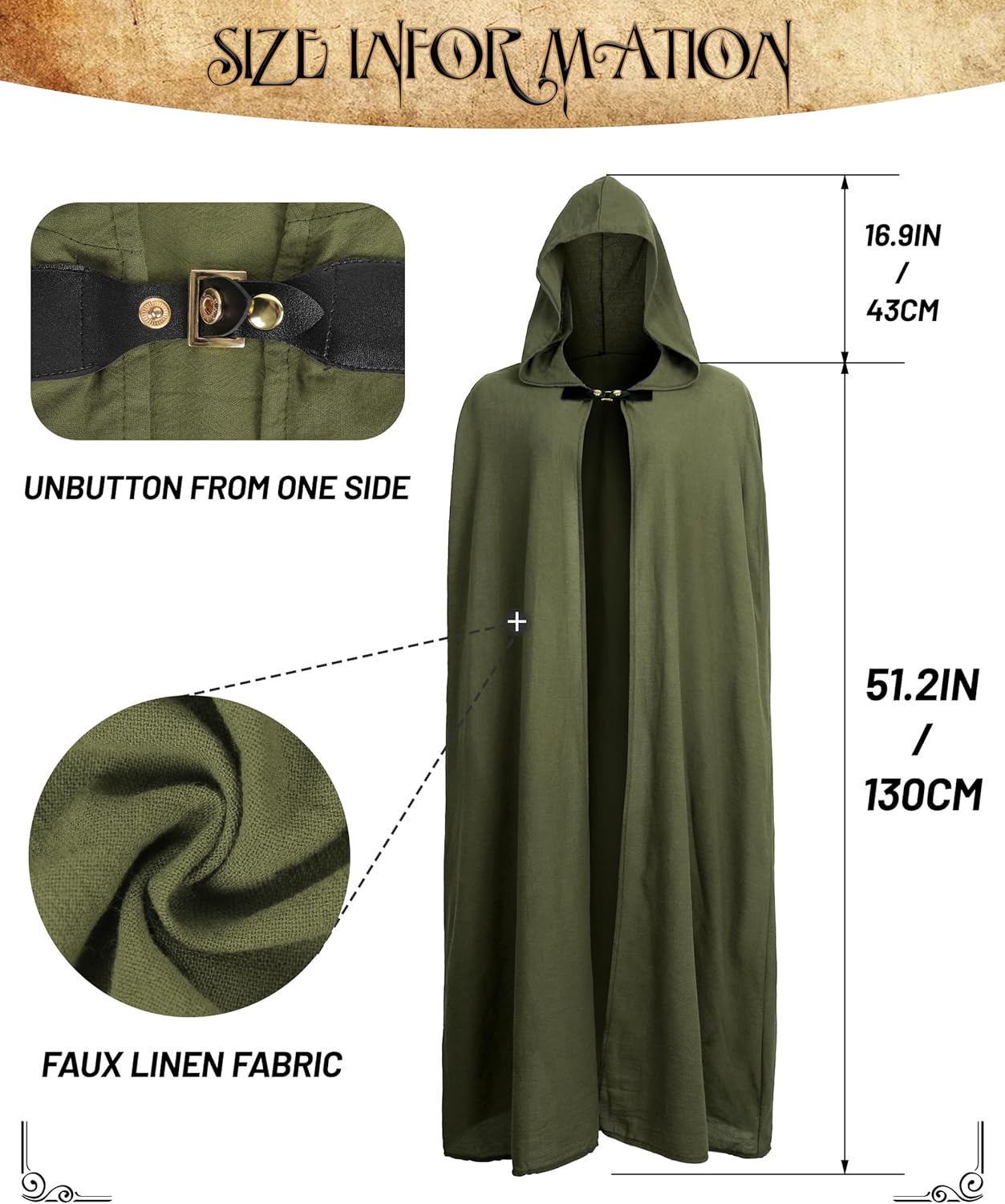 UQJE Renaissance Cloak with Hood Linen Medieval Hooded Cape for Renaissance Costume - Image 2