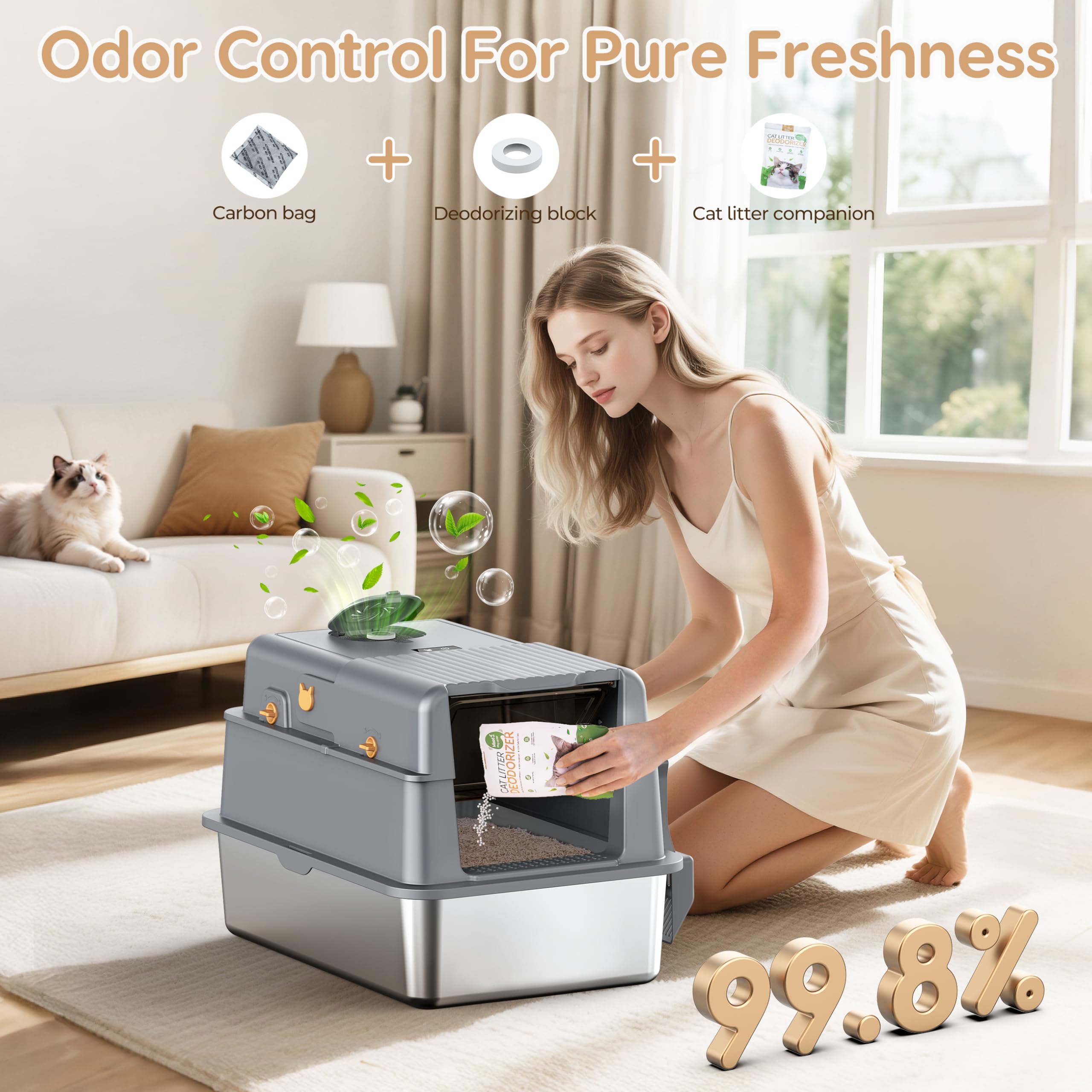 L7 Ultra-Stainless Steel Litter Box with Smart Odor Control System, XXL Extra Large Enclosed Metal Cat Litter Box with Lid for Kitty&Big Cats, High Sided Enclosure with Scoop & Mat, Anti-Leakage-Grey - image 6