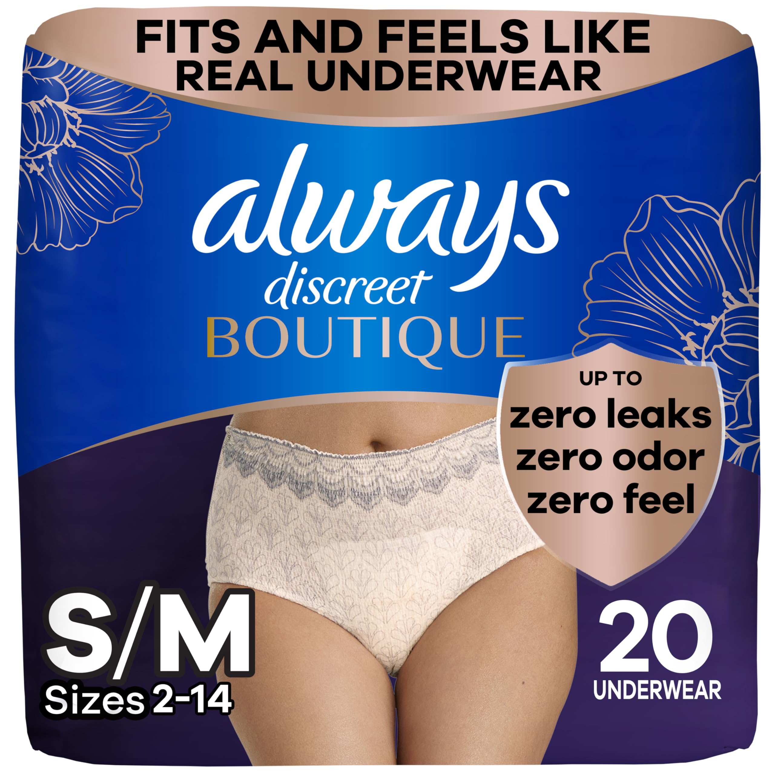 Always Discreet Boutique Adult Incontinence & Postpartum Underwear for Women, High-Rise, Size Small/Medium, Rosy, Maximum Absorbency, Disposable, 20 Count (Packaging May Vary)