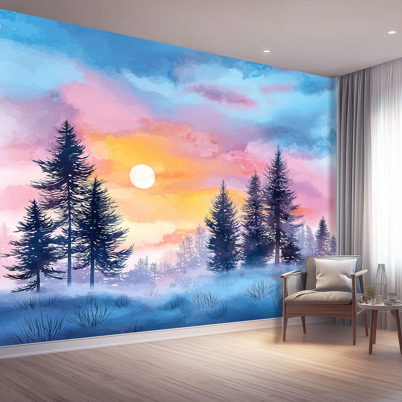 Papier peint aquarelle forêt et ciel coucher de soleil intissé pour salon 250x175 cm