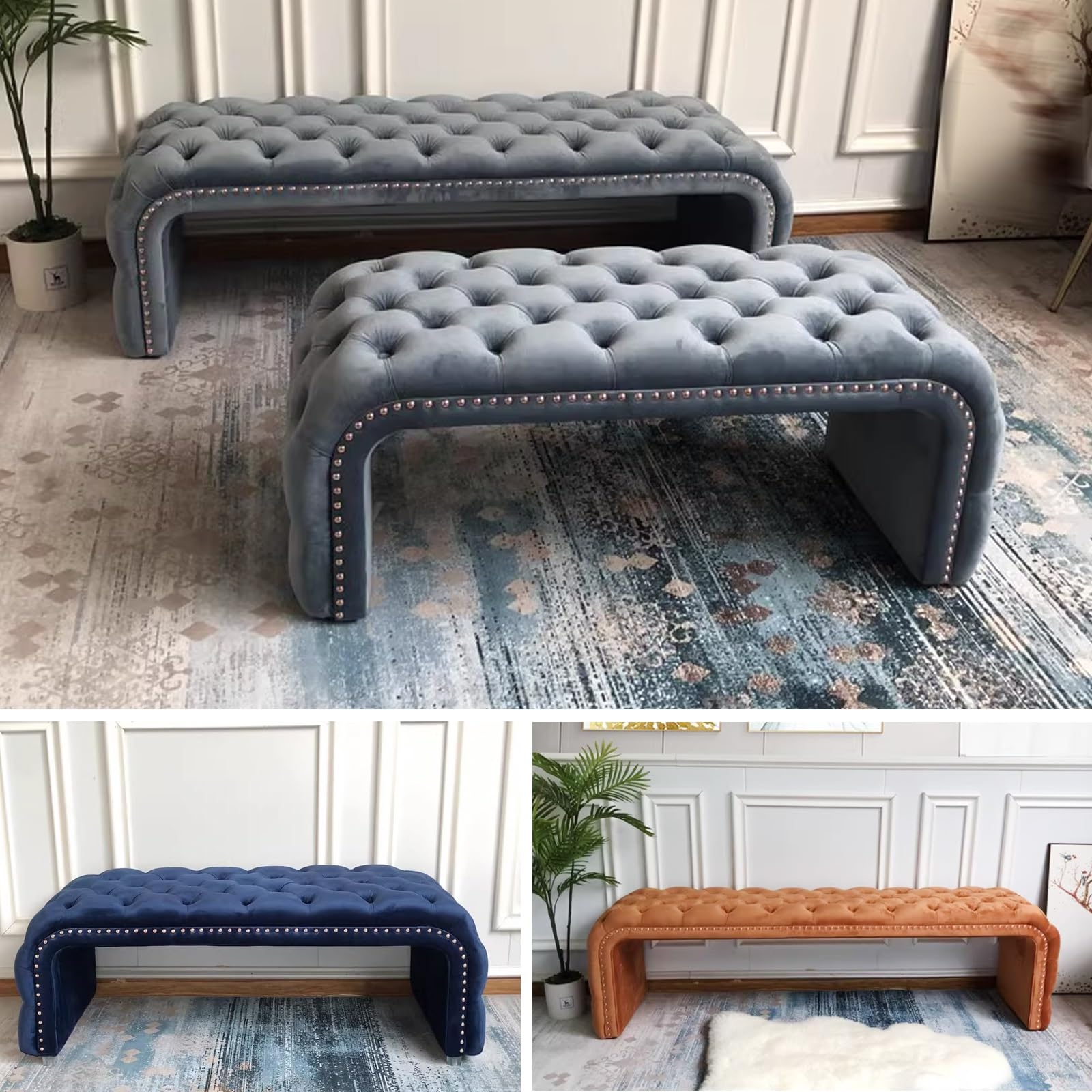 Banco Zapatero con Asiento Botones de Nudos Acolchado Cómodo Taburete Pie de Cama Esquinas Redondeadas Banco para Armario para Dormitorio Tienda Salón Entrada(Green 02,55.12in/140cm)