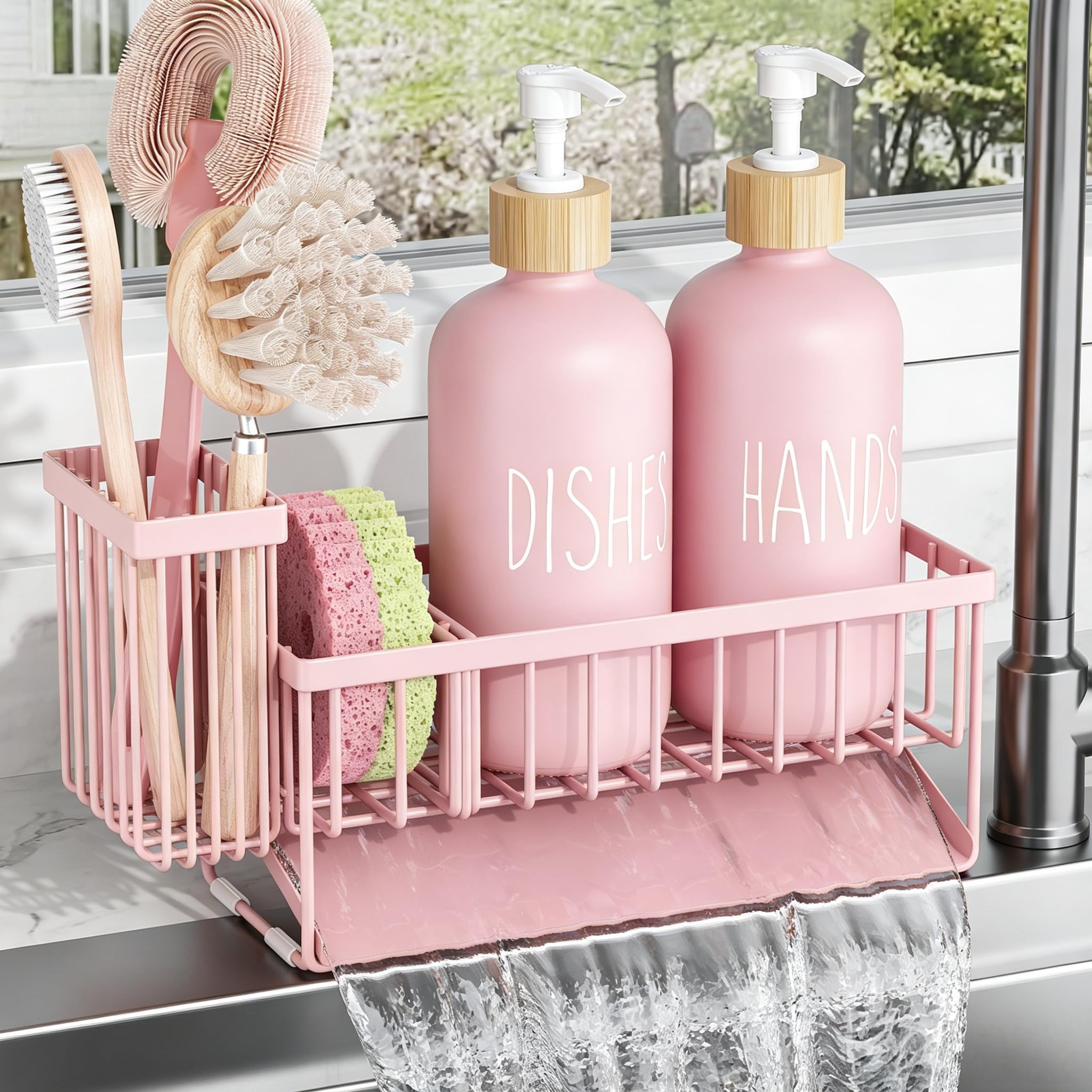 Cisily Kitchen Dish Soap Dispenser Set with 2 Pack 16.9oz Amber Glass Bottle and Sponge Holder, Dish Soap Dispensers with Adjustable Sponge Holder, Vintage Hand and Dish Soap Dispensers Set