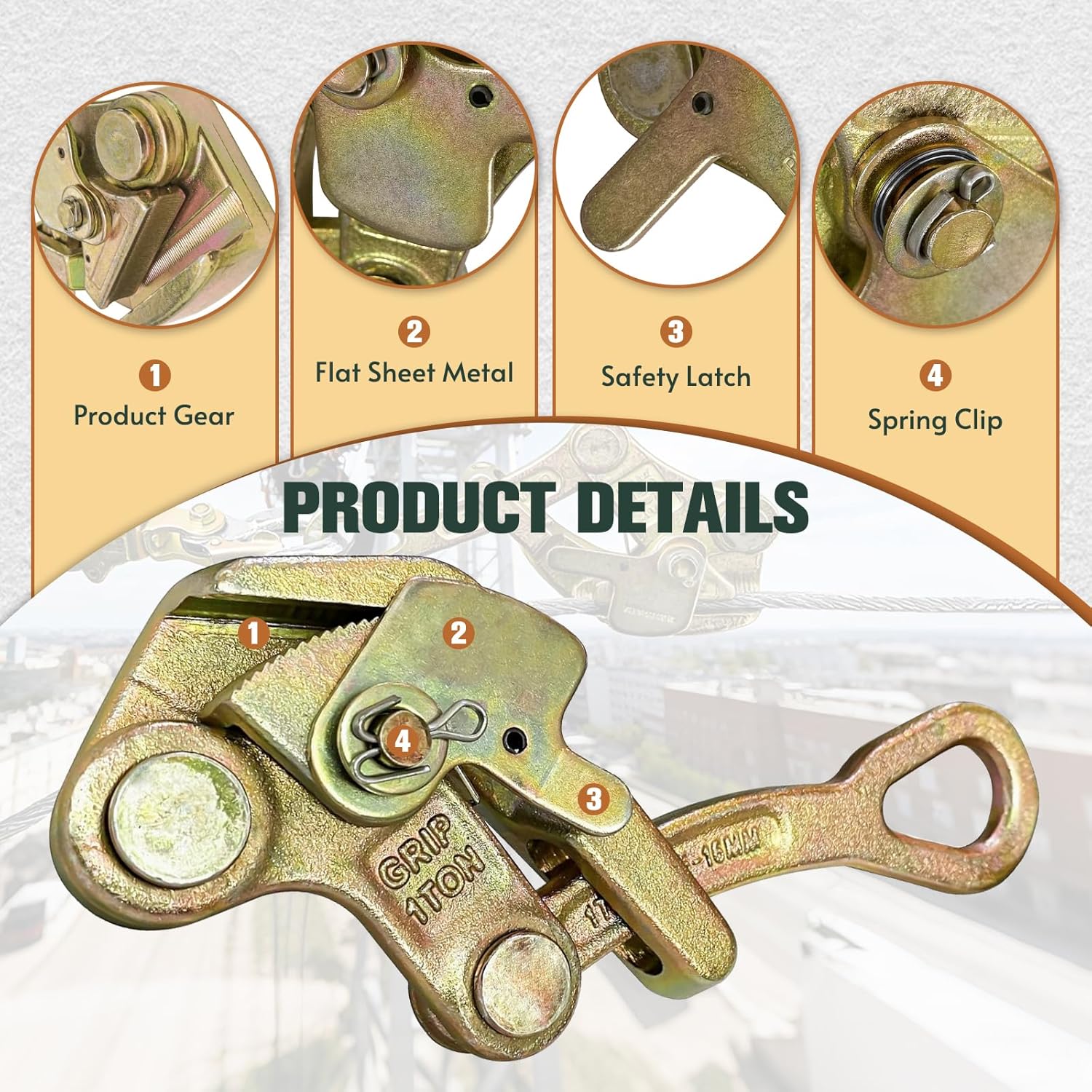 Detailed diagram of the YATOINTO cable grip highlighting product gear, flat sheet metal, safety latch, and spring clip.