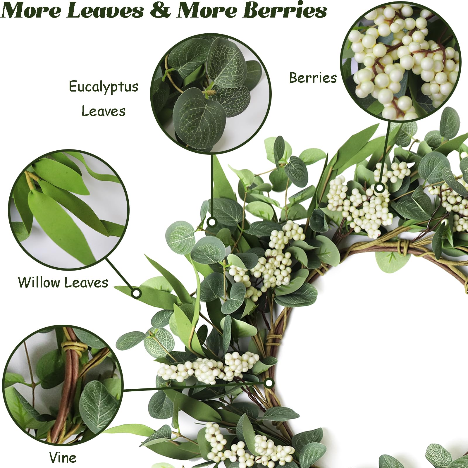 FENYUAN Wreaths for Front Door, 20" Artificial Eucalyptus Wreath with White Berry for Front Door Window Porch Wedding Farmhouse Garden Party Wedding Decor Spring Summer - Indoor/Outdoor 2 Pack