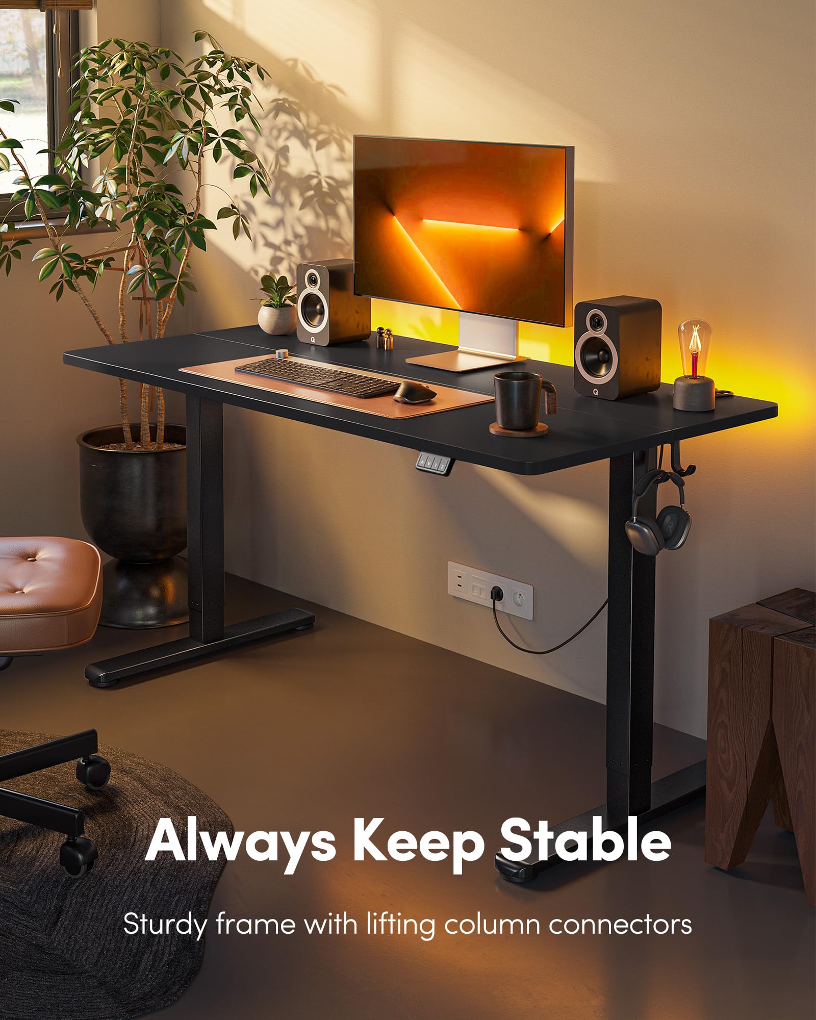FEZIBO 48 x 24 Inchs Electric Standing Desk, Height Adjustable, Sit Stand Up, Computer Office Desk with Splice Board, Black Frame/Black Top