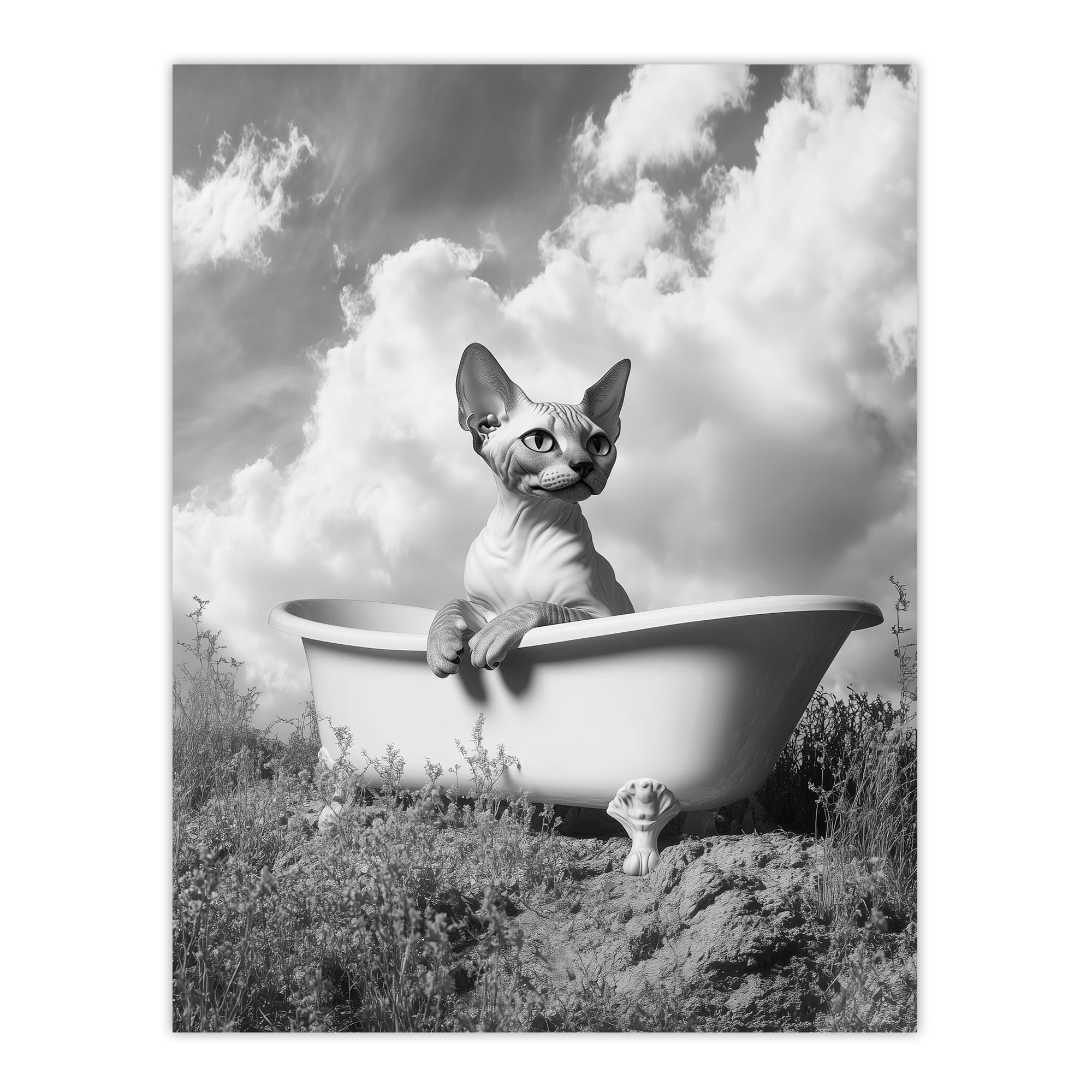 Artery8 Sphinx in Bathtub Black White Surreal Cat Lover Bathroom Toilet Extra Large XL Wall Art Poster Print