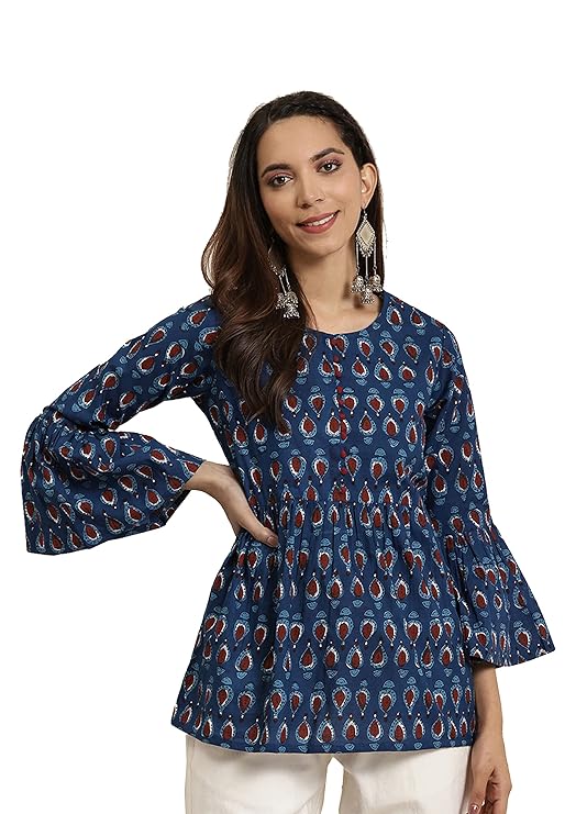 Yash Gallery Women’s Rayon Regular Fit Short Floral Printed Kurta Top – BLUE