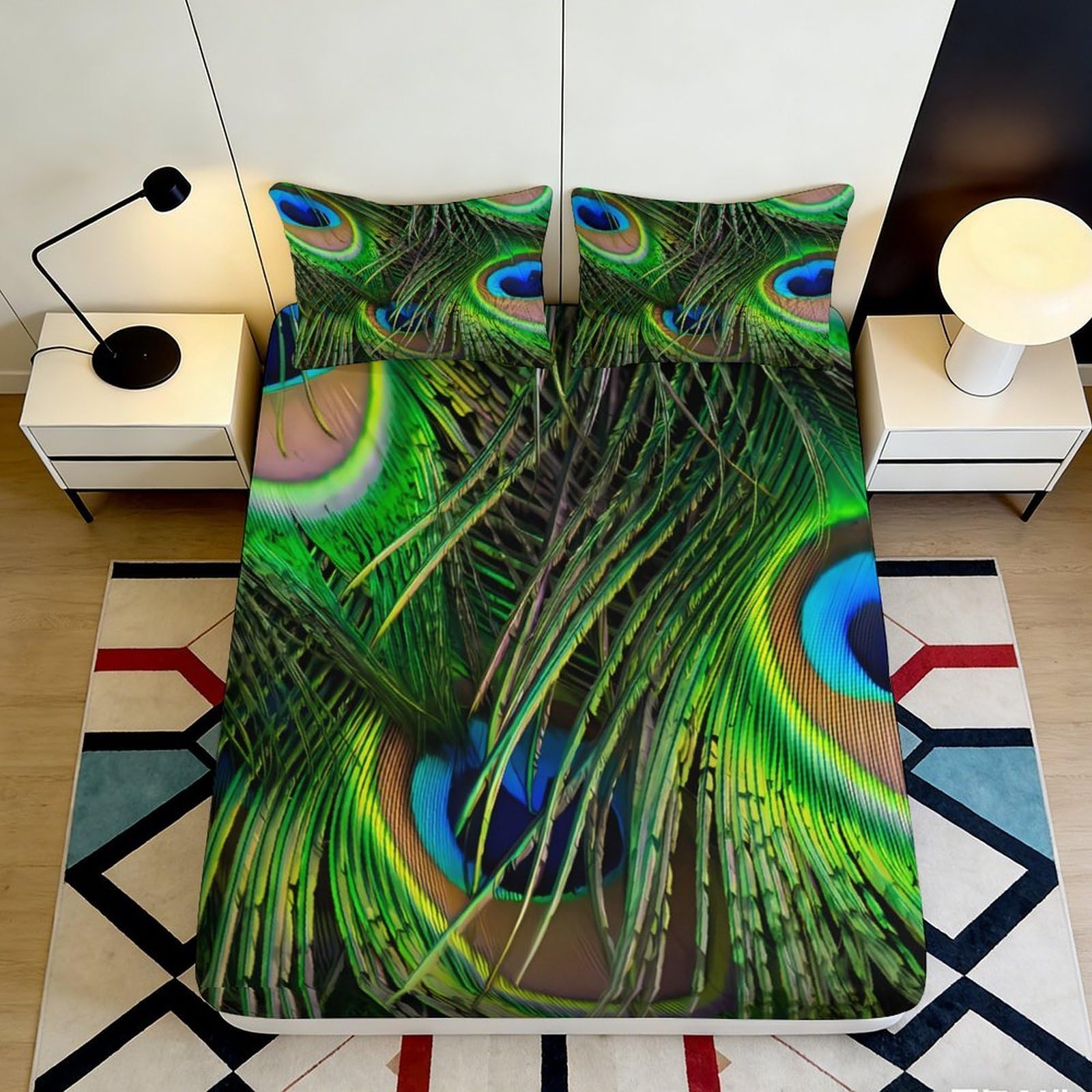 3D Printed Peacock Feather Fitted Sheet Microfiber Soft Durable 3D Printed Green Feather Bed Cover for Bedroom Dormitory Guest Room Mattress Protection 180x200x25cm