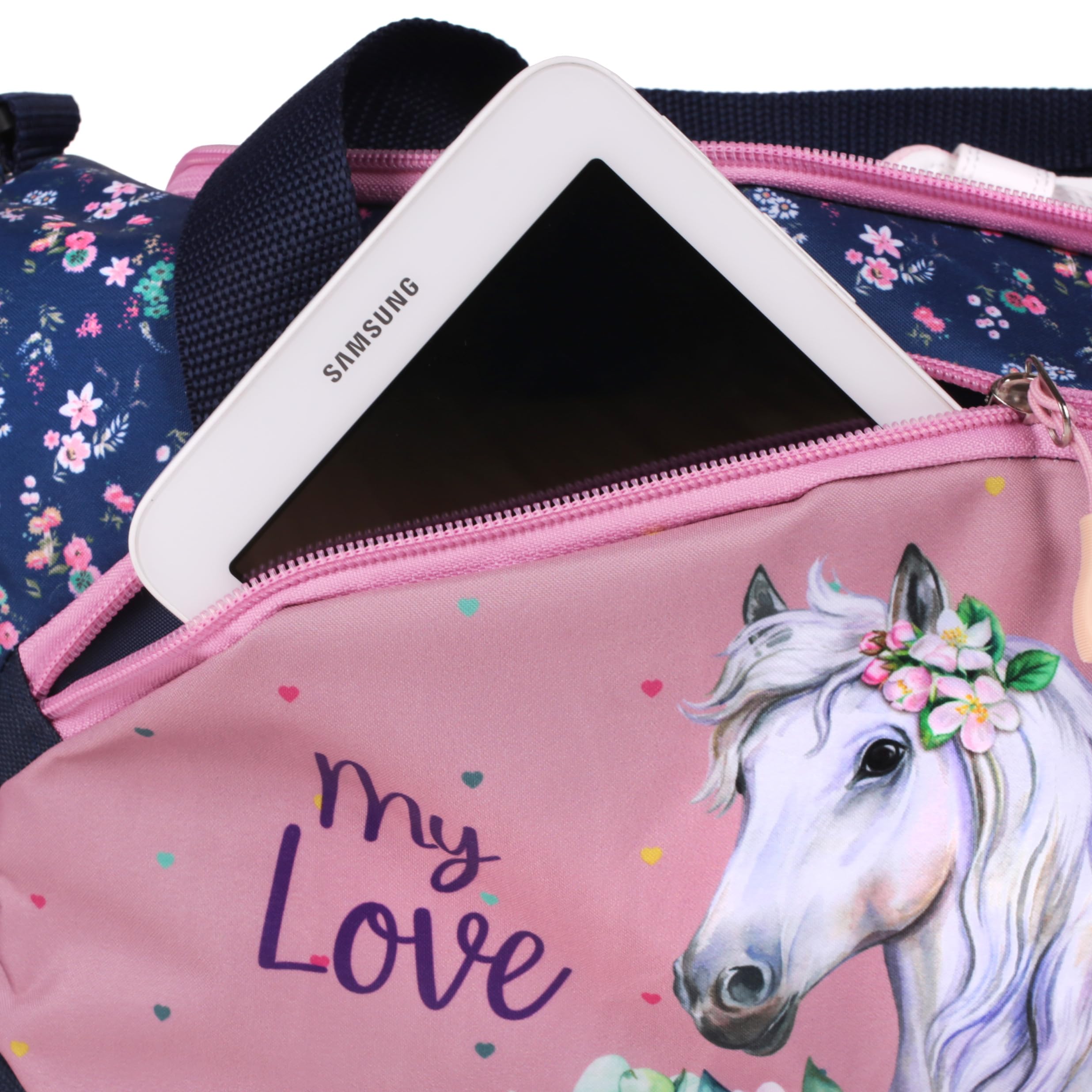 Pferde Pony Umhängetasche Sporttasche für Mädchen Kinder Reisetasche - 35 x 22 x 18,5 cm, blau/rosa, Volumen ca.14,2 Liter