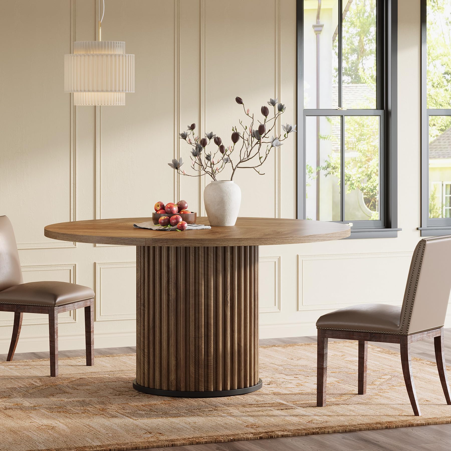 Tribesigns Tavolo da pranzo rotondo, 120 cm, marrone per 4 persone, tavolo da pranzo con robusta struttura in metallo, arredamento moderno