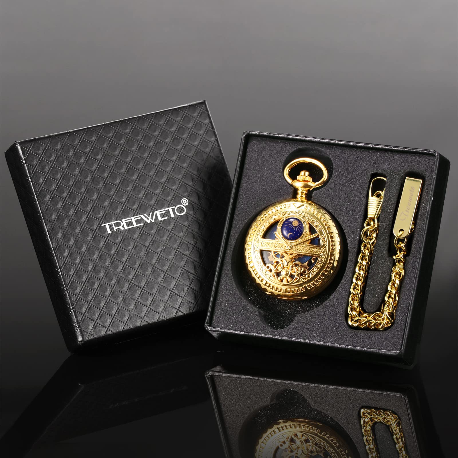 TREEWETO Orologio da tasca meccanico da uomo, sole e luna, scheletro, numeri romani, orologi da tasca con catena da uomo