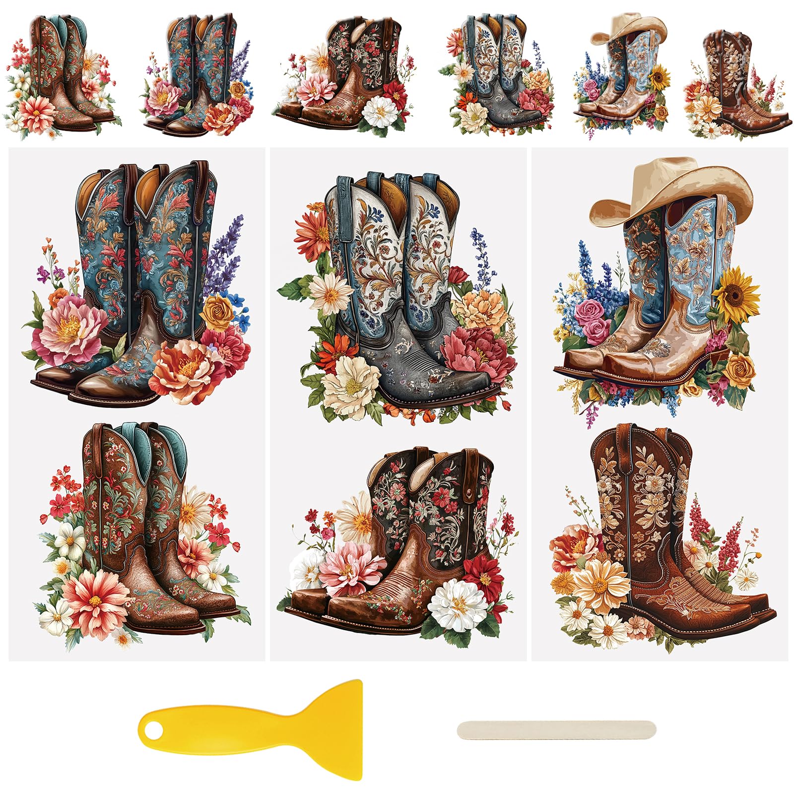 WANDIC 3 Sheets Rub on Transfer Stickers, Cup Warp 3D UV DTF Transfer Decals Western Flower Cowboy Boots Pattern Furniture for Crafts, 15 * 30cm — image 1