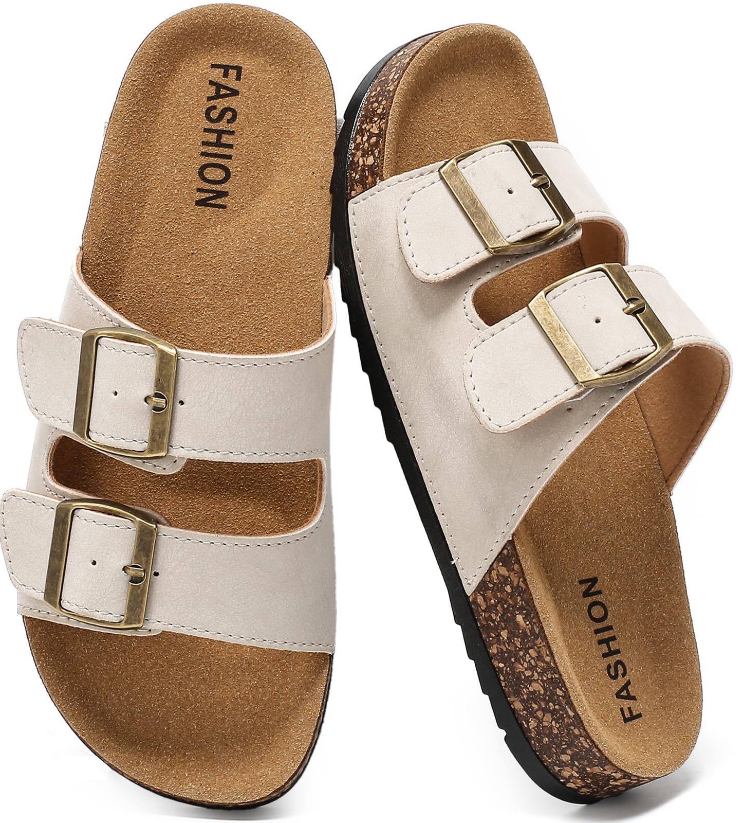 Women's Cork Footbed Sandals, Arch Support Adjustable Double Buckle Slides