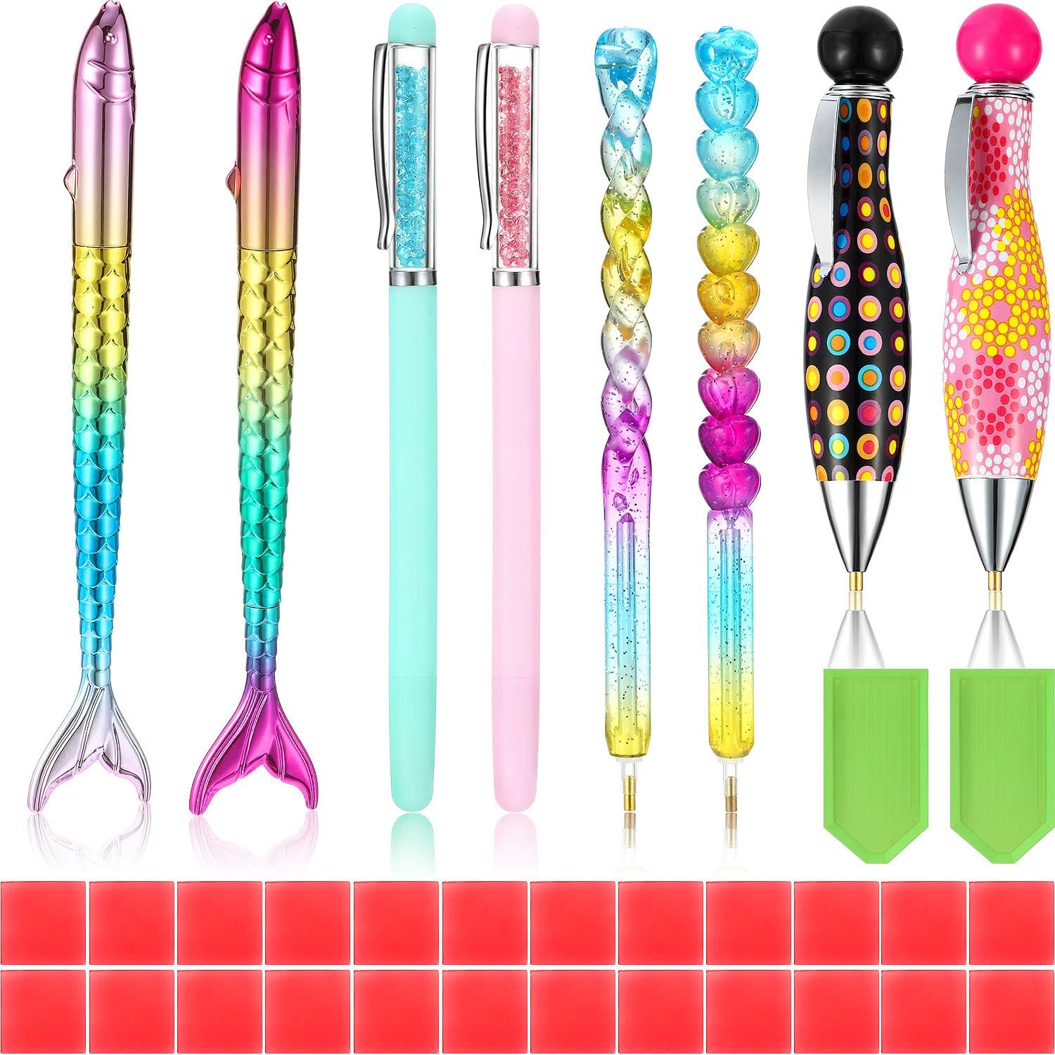 8 Pieces 5D Diamond Painting Point Drill Pen Twist, Heart, Mermaid, Bowling Ball Shape, with 24 Pieces Diamond Painting Glue Clay and 2 Pieces Diamond Painting Rhinestone Plate Trays for Diamond Tools
