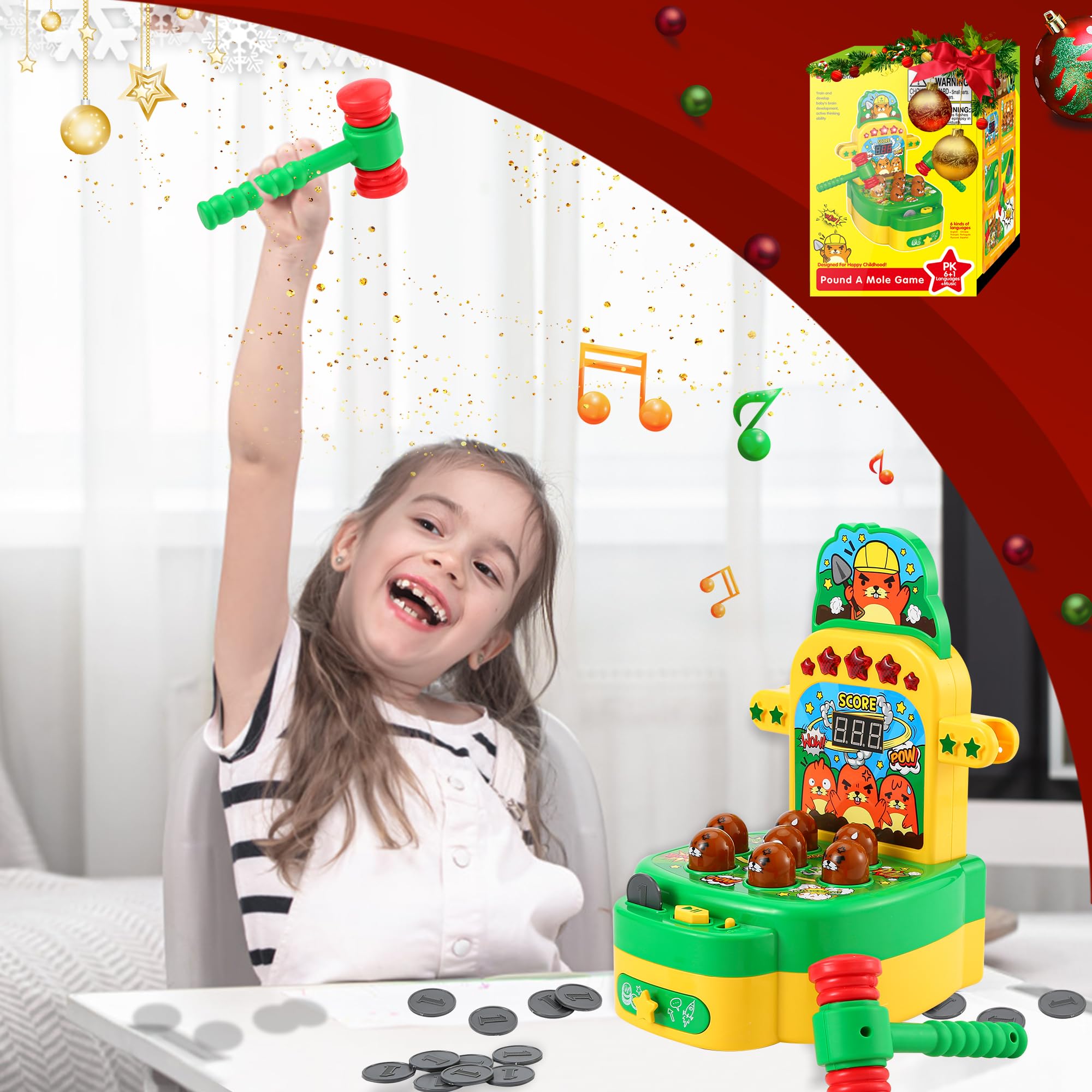 Joellfuner Whack Spiel, Elektronisches Mini Arcade Spielzeug, Schlag den Maulwurf, Münzspiel mit 2 Hämmern, Eltern-Kind-Interaktion Hammerspiel Spielzeug für Kinder im Alter von 3-6 Jahren