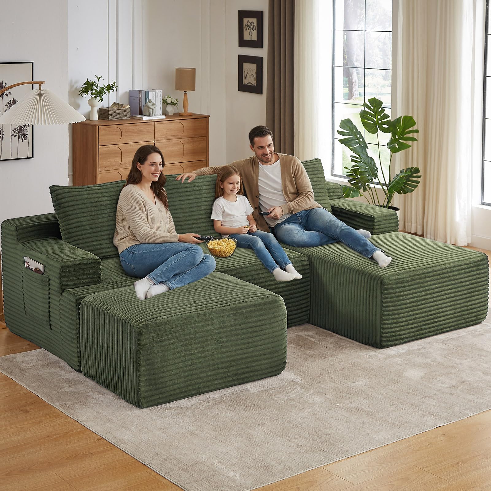 96" U-Shape Cloud Couch, Modern Modular Sectional L-Shape Sofa with Ottoman, Corduroy Upholstered Couches Deep Seat Sleeper Chaise Longue for Living Room, No Assembly Required(Green, Right Facing)