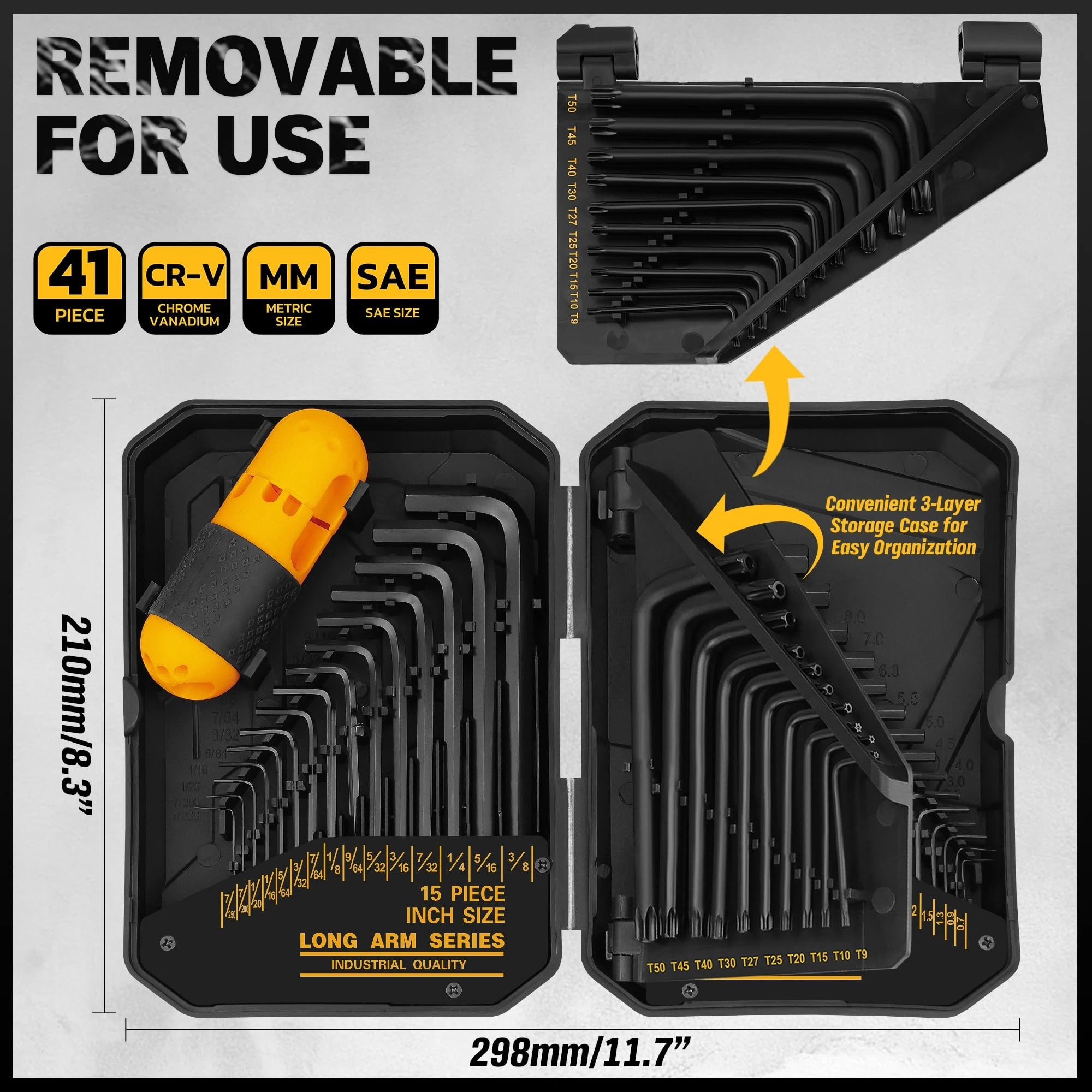Zestaw narzędzi naprawczych Zestaw kluczy imbusowych 41 szt. Standardowy SAE (0,028"-3/8") i metryczny,7 mm-10 mm) Torx (T9-T50) w walizce do przechowywania